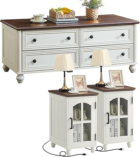 Miniatura 14 de Farmhouse - Juego de 3 mesas auxiliares y auxiliares, mesa central de madera de 48 pulgadas con 4 cajones, mesa auxiliar grande para sofá con