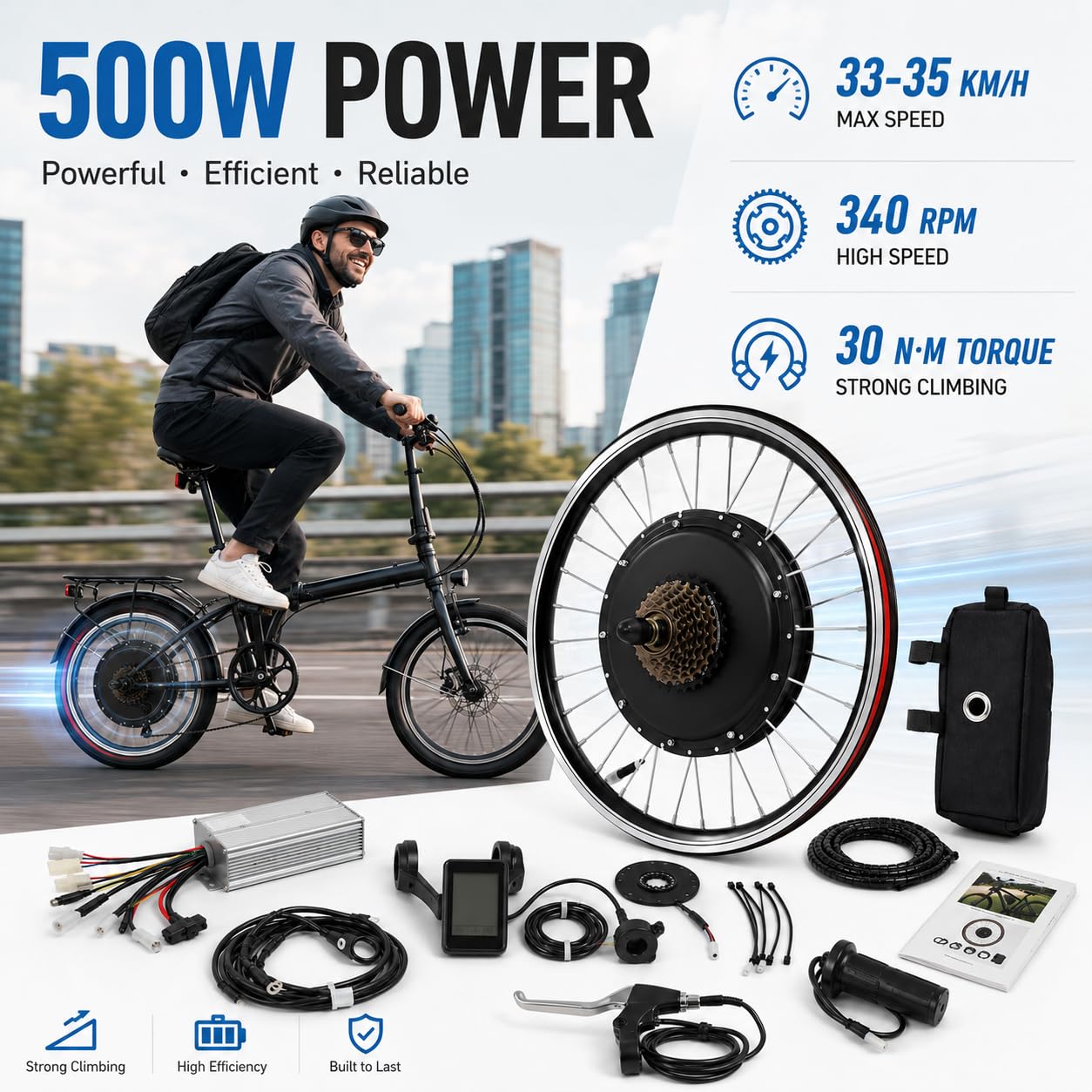 Kit de Conversion Vélo Électrique 20 Pouces 500W, Moteur Moyeu Roue Arrière sans Balais avec Écran LCD, Capteur Pas, Accélérateur au Pouce et Frein Coupure pour VTT Vélo Ville