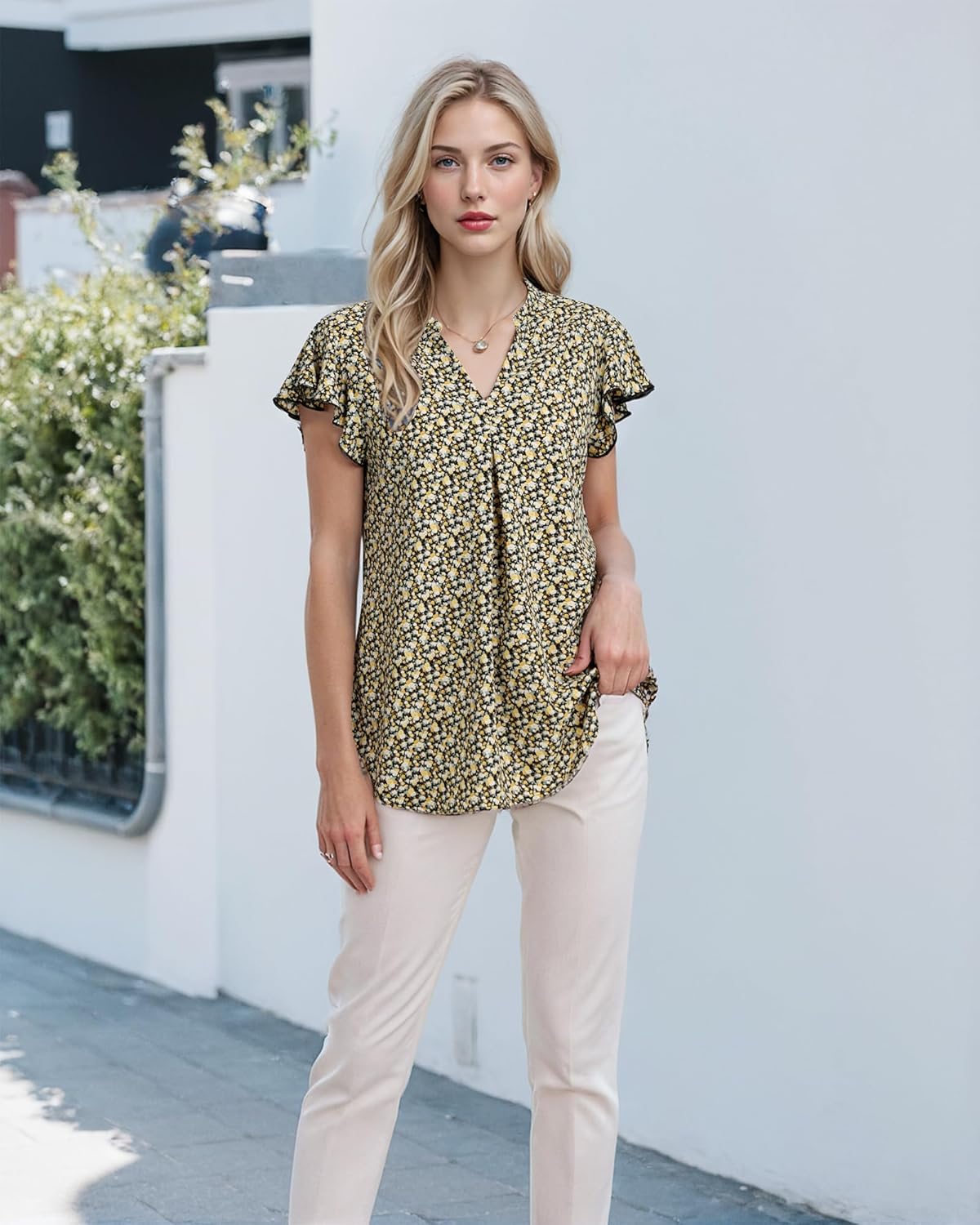 VALOLIA Women's Chiffon Blouse Ruffle V Neck Short Sleeve Summer Shirt Tops - Image 3