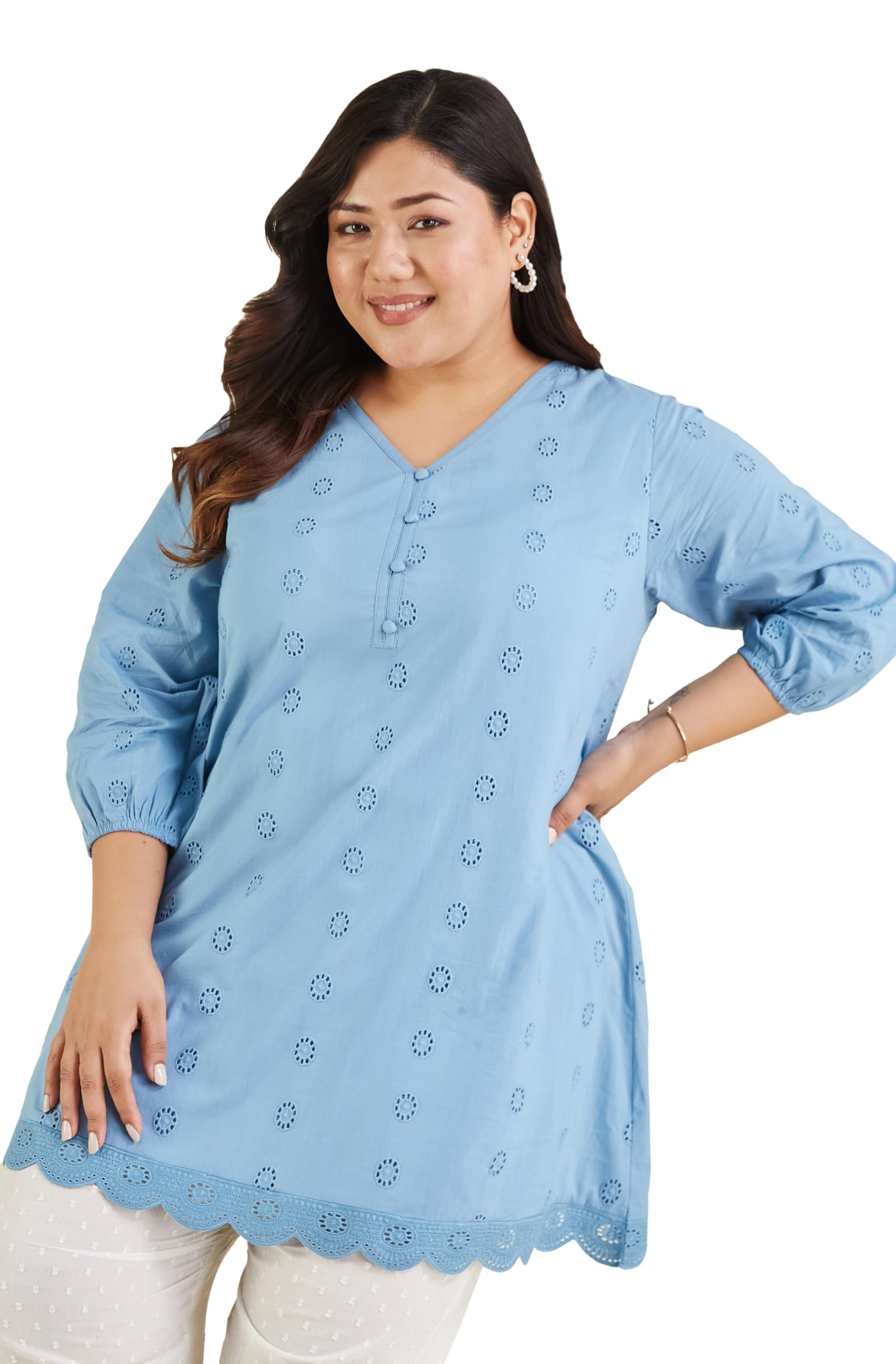 janasya Women's Plus Size Light Blue Pure Cotton Schiffli Embroidered A-line Tunic-picture-51