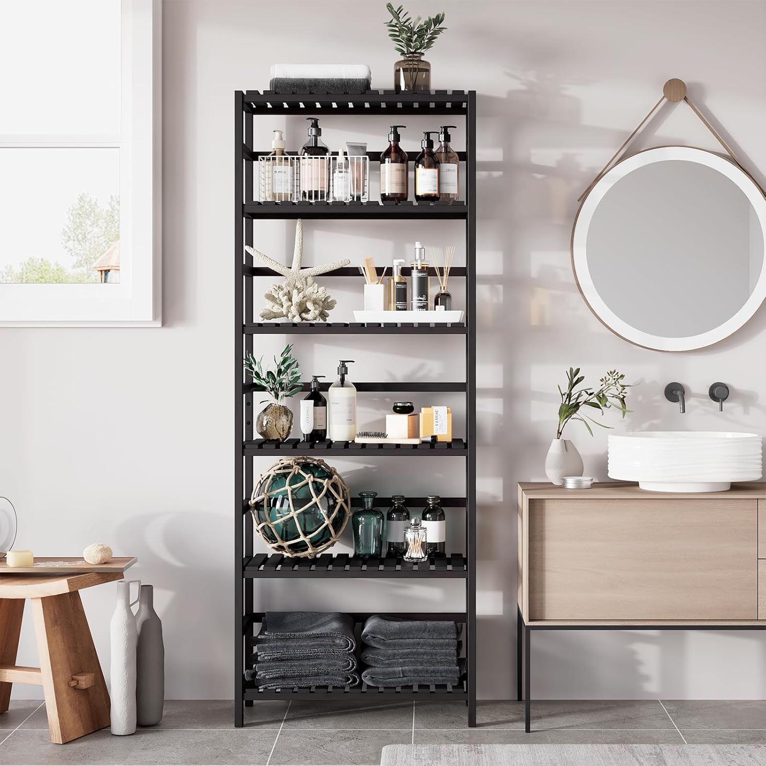 Bamjoy Bamboo Shelf, 6-Tier Bookshelf Adjustable Storage Shelves, Tall Shelving Unit Plant Stand, Storage Rack for Bathroom Home Office Living Room Kitchen, 23.6W x 10.2D x 63.4H Black