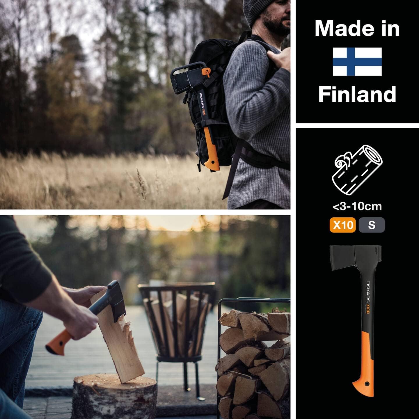 Fiskars Chopping Axe S X10, Storage and Carrying Case Included, Length: 44 cm, Non-Stick Coating, High Steel Blade/Fibreglass Handle, Black/Orange, 1015619