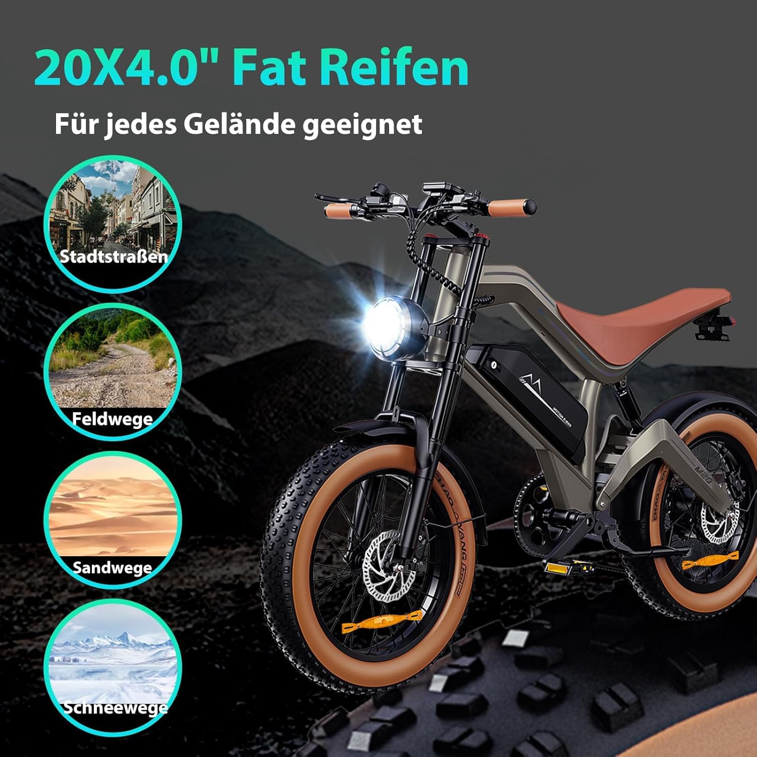 E-Bike - Bicicletta elettrica da uomo, per tutto terreno, con motore da 250 W, 74 NM, batteria da 48 V e 18,2 Ah, 20 x 4,0 pollici, 25 km/h, 7 marce fino a 100 km, freno a disco con app, M20