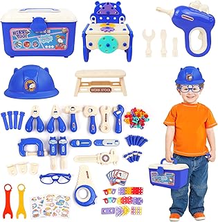 HOTUT Children's Workbench Tool Box, 218 Pieces Children's Tools with Tool Box, Toy Drill, Protective Helmet, Role Play Toy Gift from 3+ Years, Girls and Boys