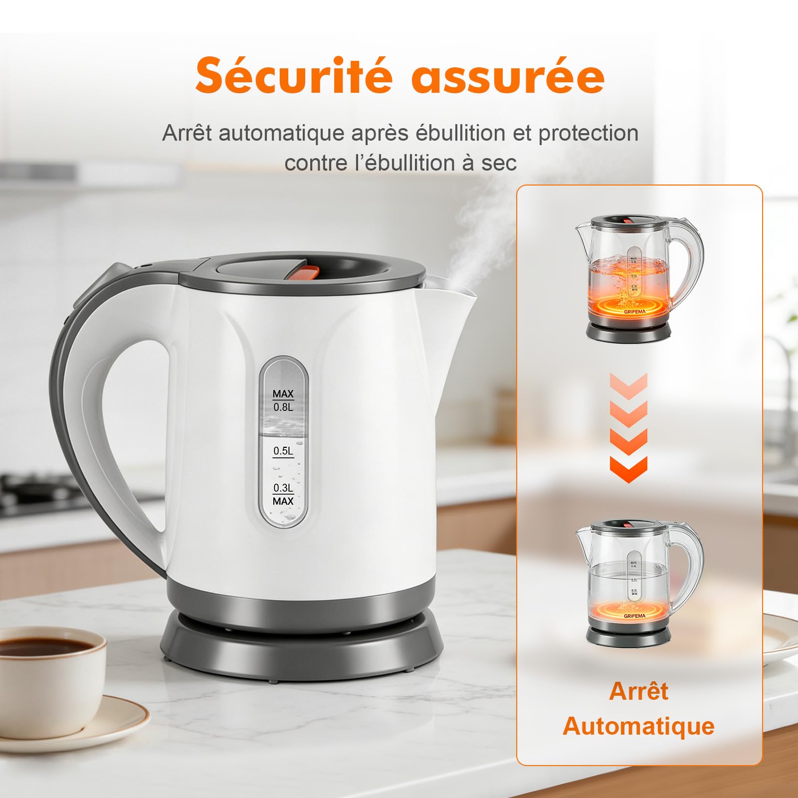 GRIFEMA GC1001 Bouilloire Électrique 0,8L 1100W Filtre Anti-Calcaire Amovible Arrêt Automatique