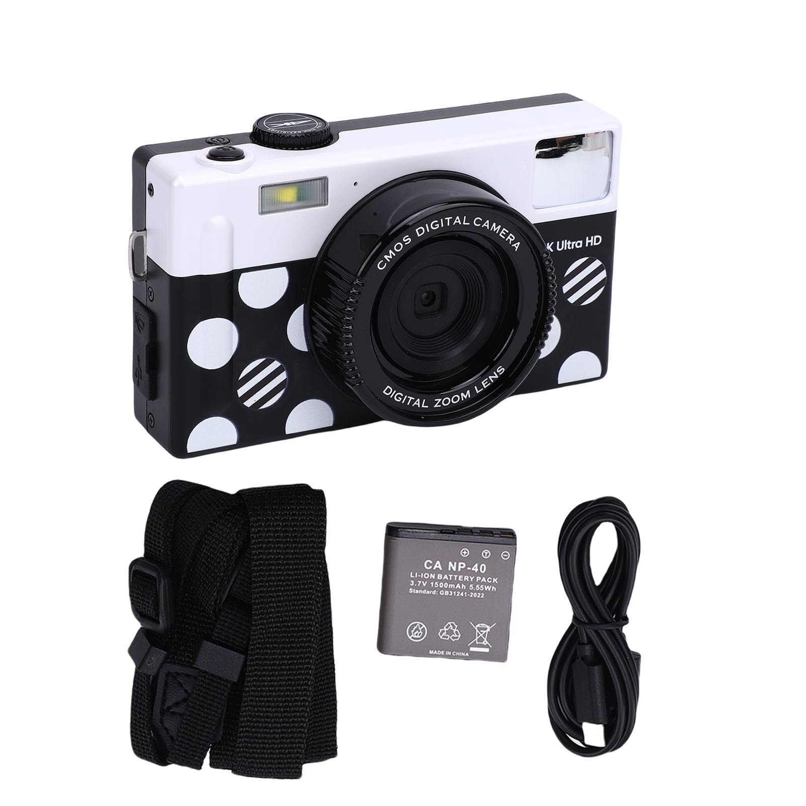 ASHATA Videocamera per Fotocamera Digitale da 64 MP per Fotografia, Videocamere per Riprese, 10 Filtri, Torcia Anteriore, Autofocus, Touch Screen da 3 ", Digicam Vlog per Principianti (nero bianco)