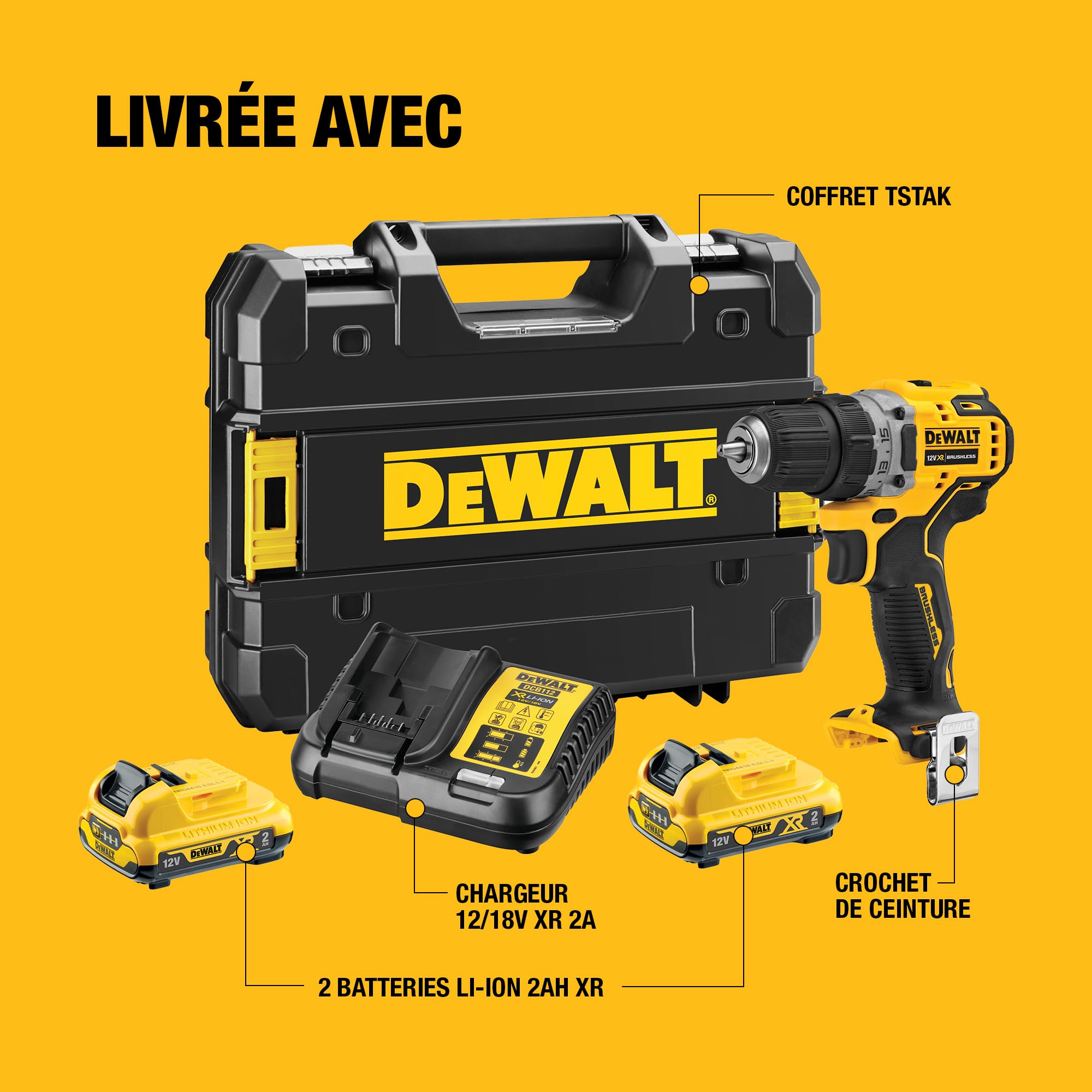 DEWALT Perceuse-visseuse Brushless XR 12V DCD701D2-QW avec 2 batteries Li-Ion 2Ah et coffret TSTAK