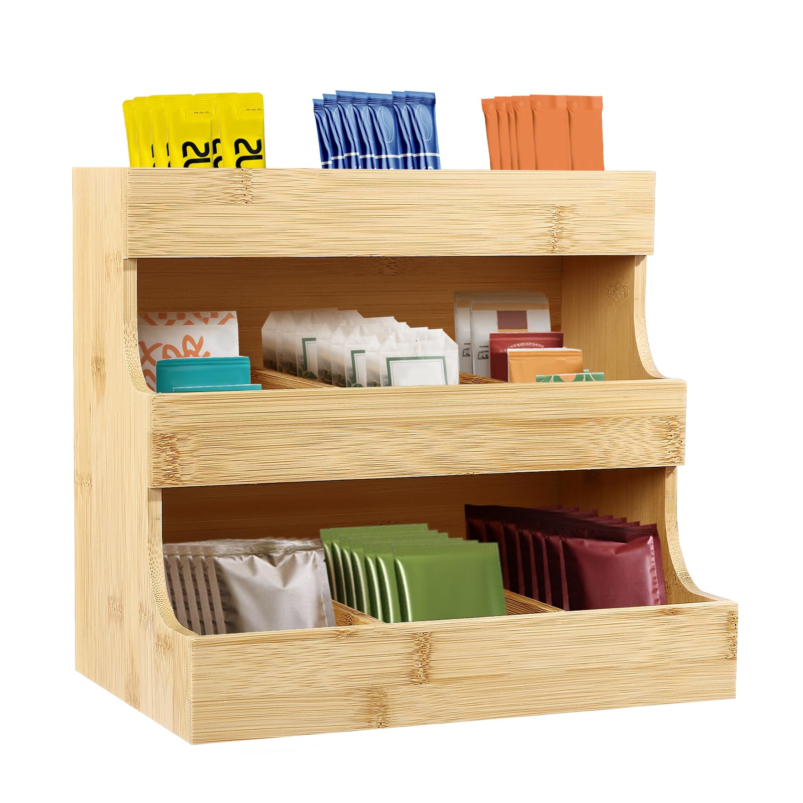 Organizador de bolsas de té de bambú - 9 compartimentos, 3 niveles, capacidad de carga de 5 kg, diseño de madera para cocina y oficina en casa, almacenamiento de escritorio para té, café y