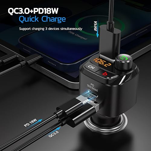 Miniatura 2 de Nulaxy Transmisor FM Bluetooth 5.0 para automóvil, QC3.0 y USB-C PD 18 W, adaptador de radio Bluetooth inalámbrico, reproductor de música, kit de