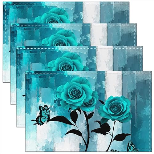 Juego de 4 manteles individuales color azul turquesa de 12 x 18 pulgadas, color turquesa degradado rosa degradado para niños y niñas, manteles