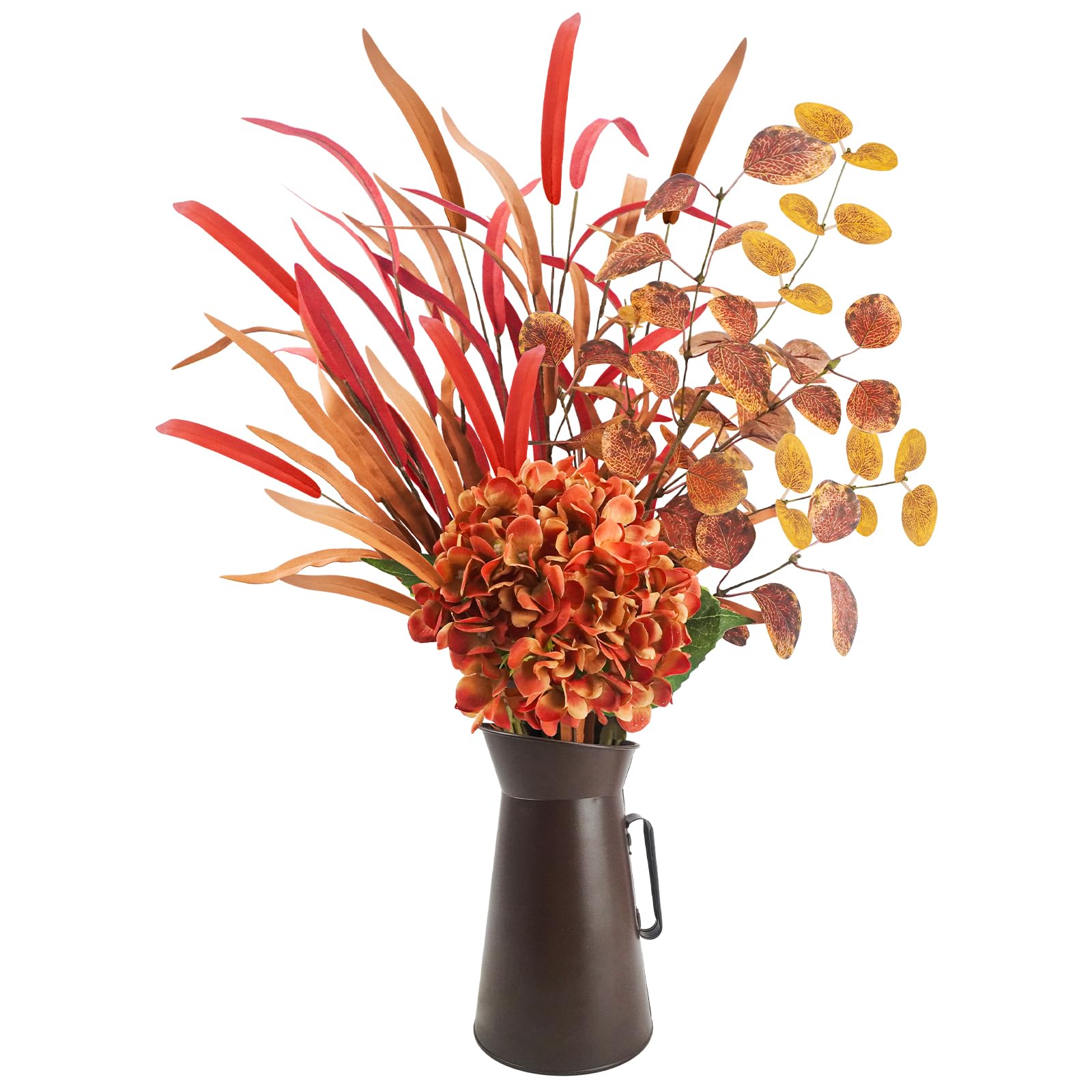 unlemoni Artificial Fall Flowers with Metal Pot, Orange Silk Fall Leaves Stems with Hydrangea & Eucalyptus for Autumn Thanksgiving Flowers Arrangement Wedding Table Centerpiece Fall Home Decorations