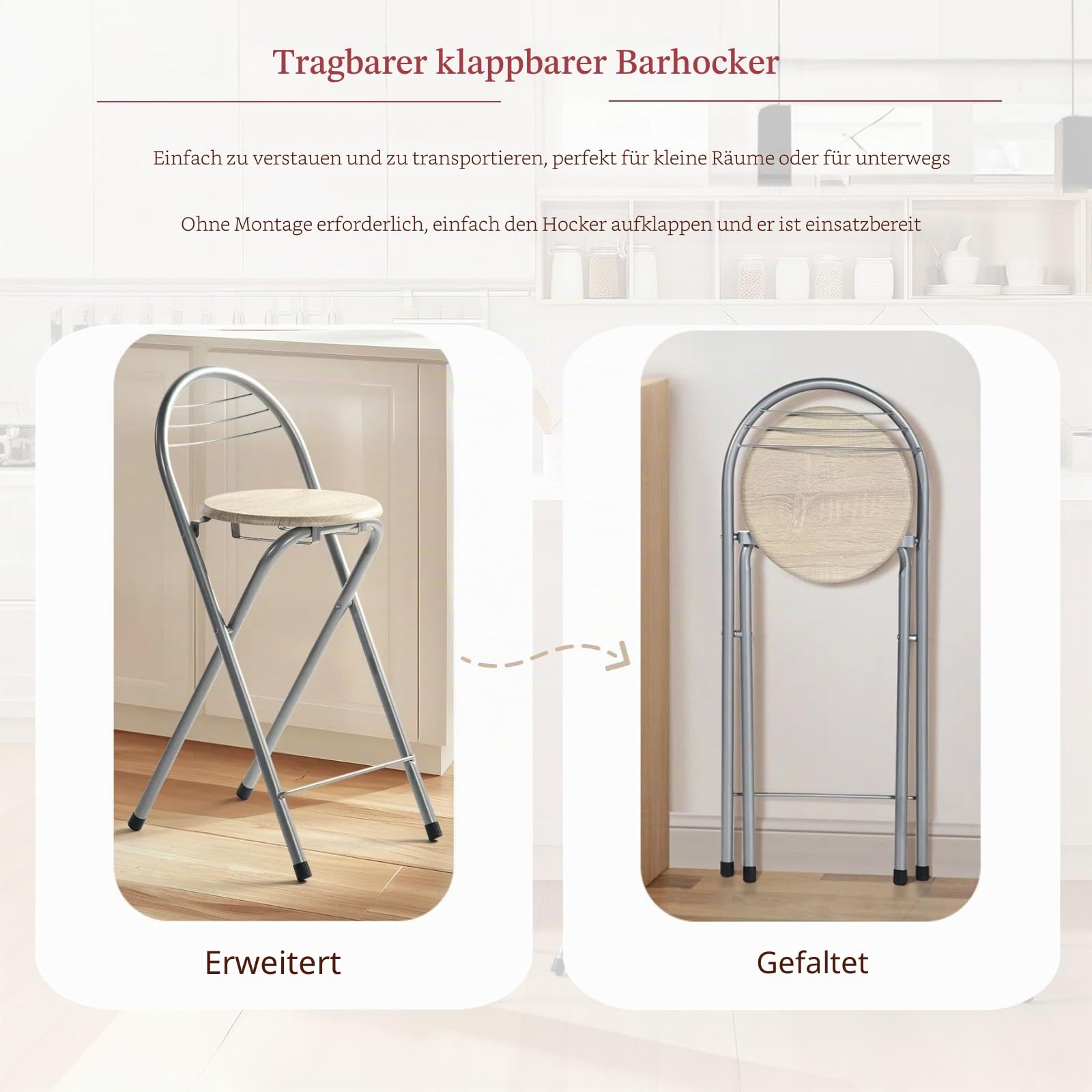 Barhocker Klappbar mit Lehne 2er Set, Hocker Klappbar Tragbarer Klapphocker Küchenhocker Barhocker Faltbar Falthocker Für Küche Bar Bistro Outdoor, Sitzhöhe 61 cm, (Eiche und Silber)