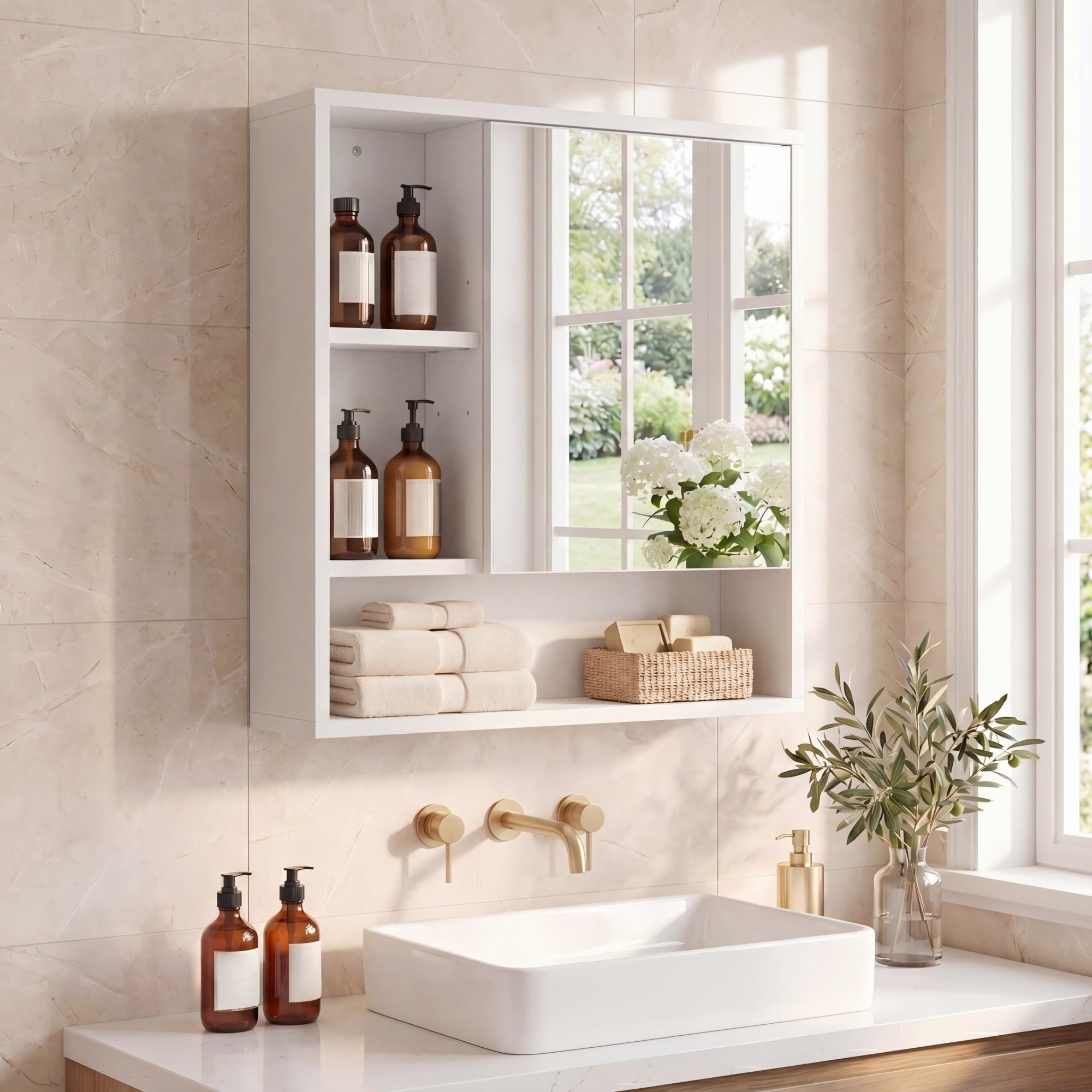 LIFEZEAL Armadietto da Parete per Bagno con Specchio, Mobile per Bagno con Mensola Regolabile e Rimovibile, Scomparto Aperto, Porta a Specchio, per Soggiorno, Ingresso, 55 x 16 x 61 cm (Bianco)