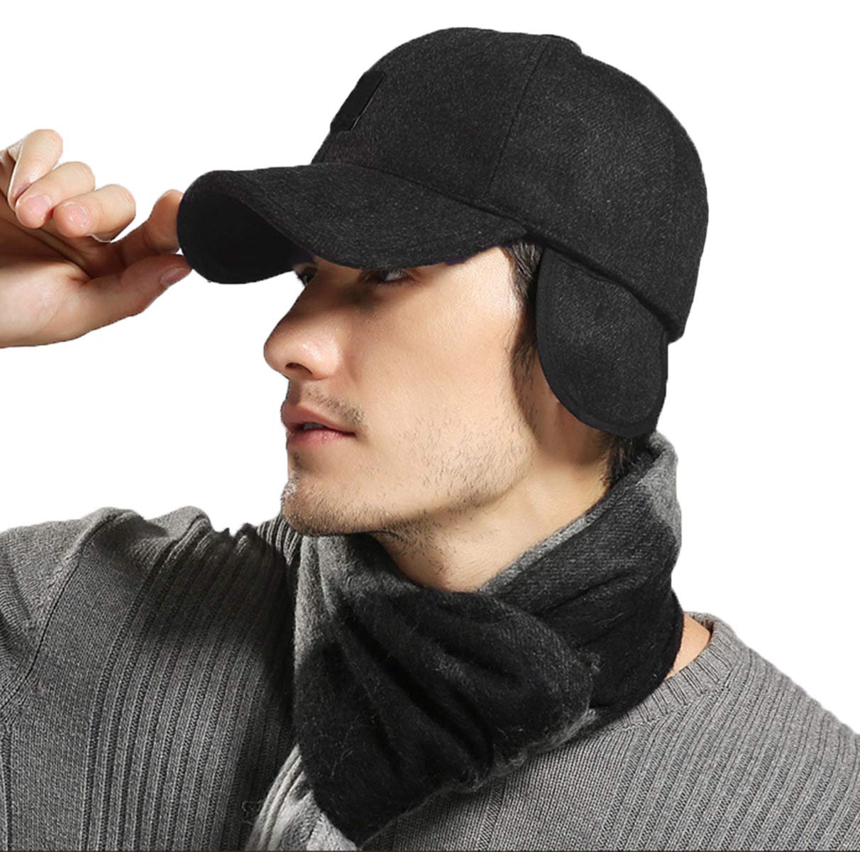 Baseball Cap with Ear Flaps Unisex Winter Caps Baseball Caps Hats Winter Earflap Trapper Ski Hats Peaked Cap Trapper Trooper Bomber Hat Warmer Foldable Earmuffs Polar Fleece Lining Adjustable Black