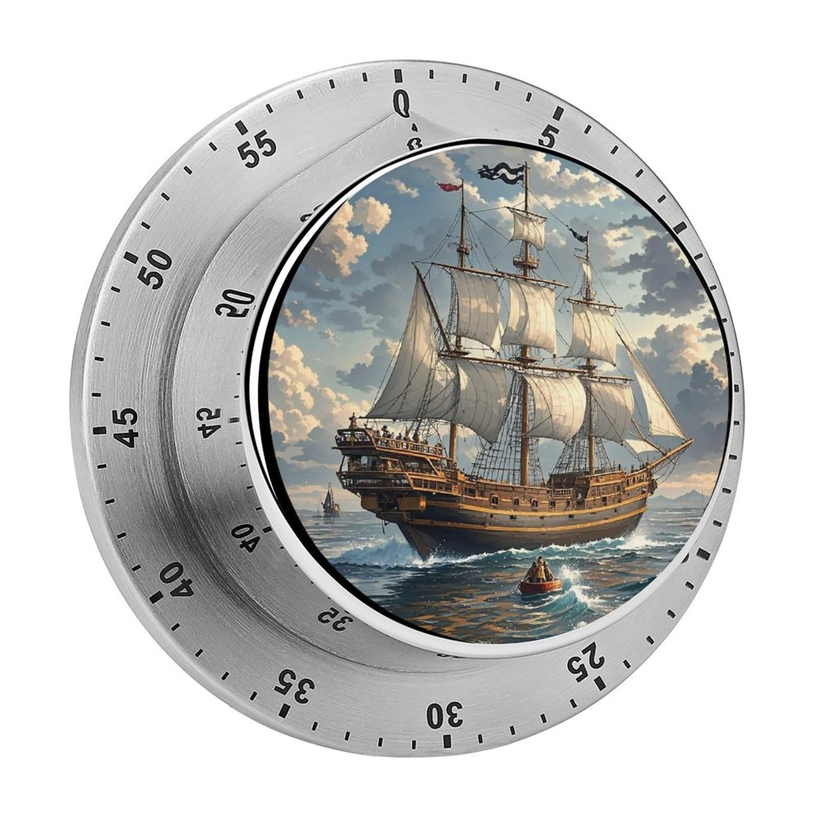Nautical Sailing Pirate Ship Mechanical Kitchen Timer, 60 Minute Wind Up Timer with Magnetic Base, Round Manual Rotating Countdown Timers for Home