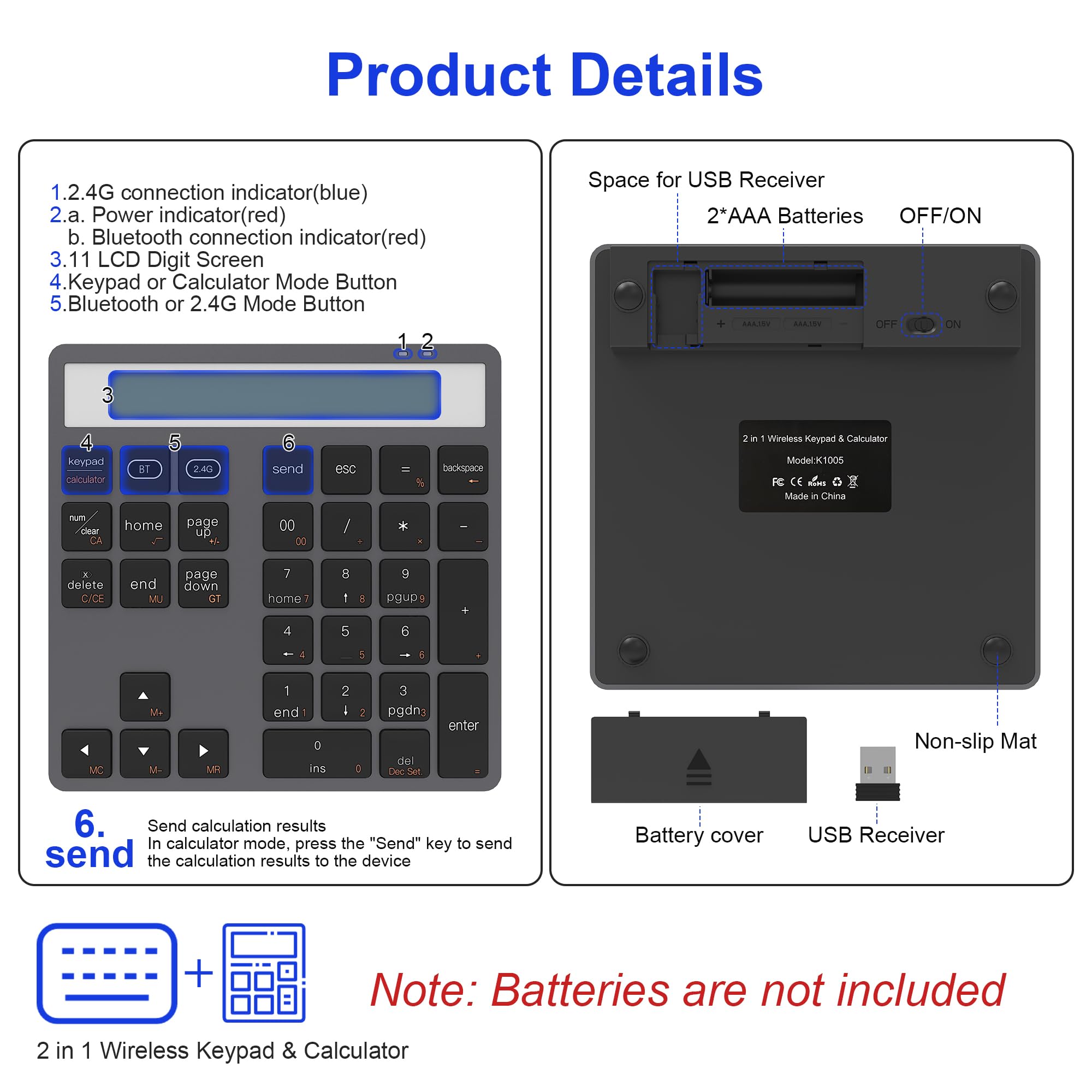 2 in 1 Tastierino Numerico Bluetooth e 2.4G, 34 Tasti Tastierino Numerico con Calcolatrice per PC/laptop/iPhone/iPad, Tastierino Numerico per Windows/Mac/iOS/Android