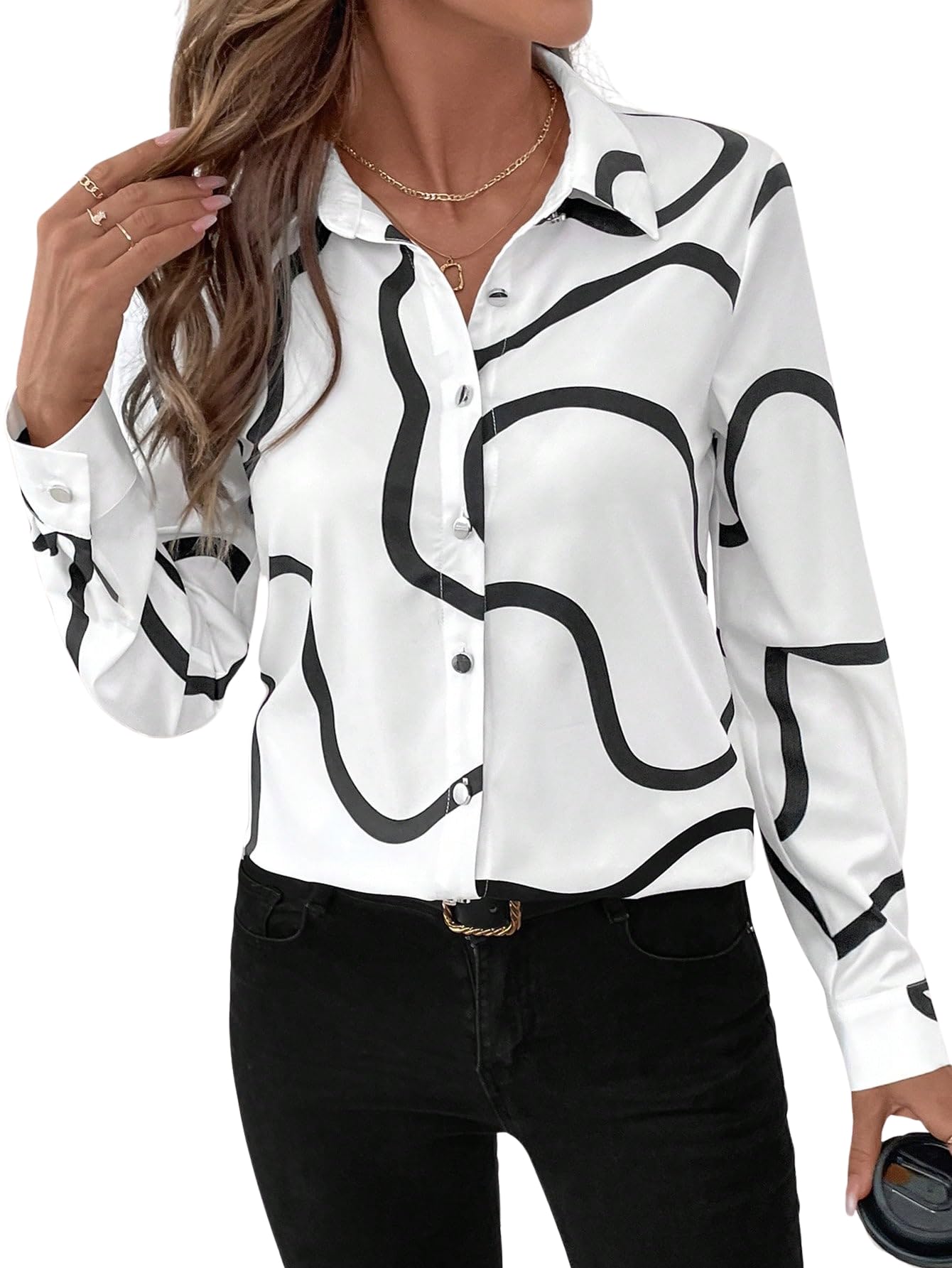 aahwan Women Polyester Regular Fit Black Solid Button Up Drop Shoulder Striped Print Casual Formal Long Sleeve Shirt-picture-34