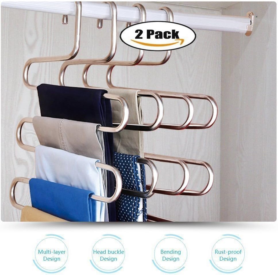 Ankooki Pants Hangers S-type Trousers Rack,Magic Clothes Hangers Hook Rack Clothing Organiser, Save Space for Wardrobe, Heart Shaped Design, Stainless Steel (Color 1,Pack of 2)