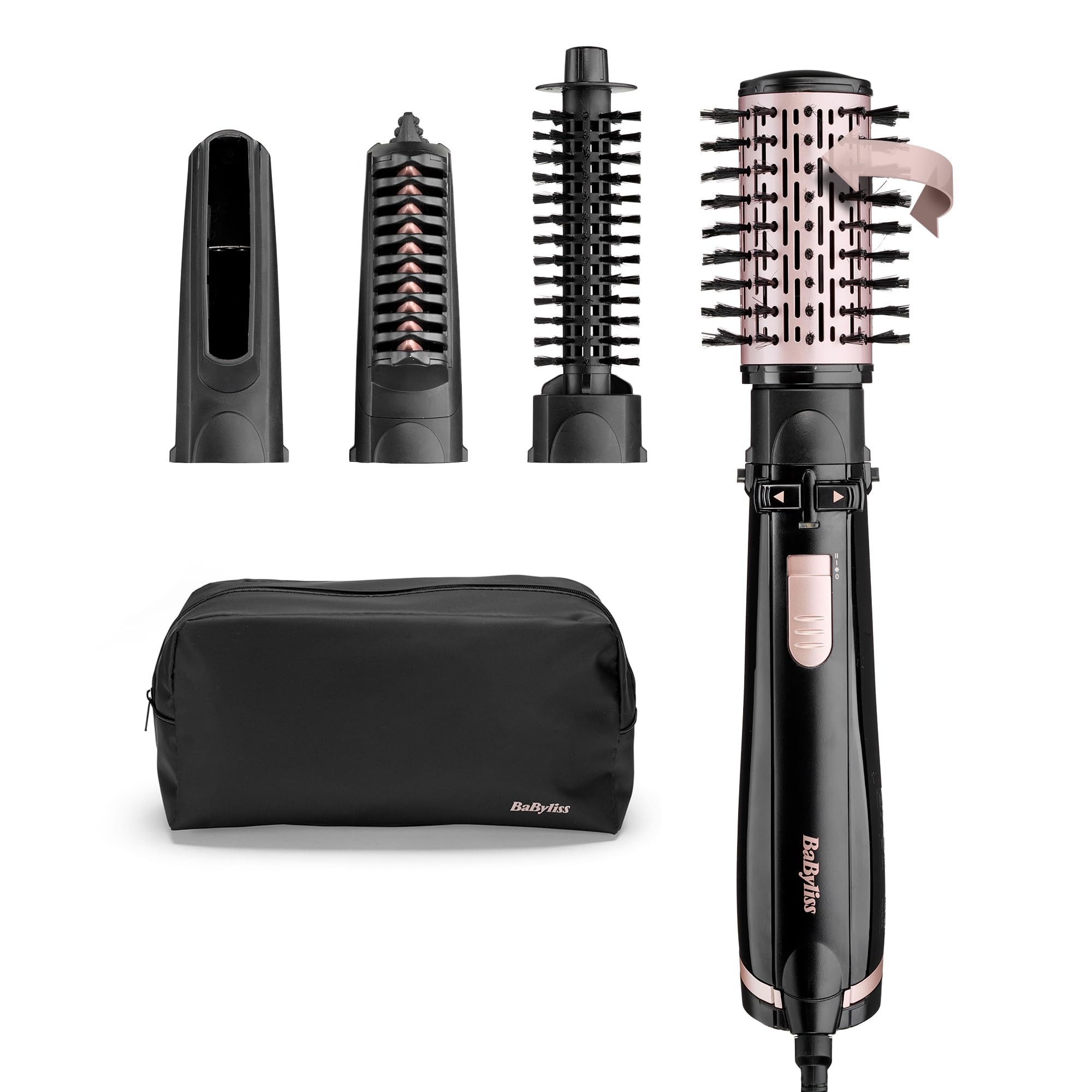 BaByliss Secador, Alisador y Styler - Cepillo rotatorio de aire, Styler iónico con 4 accesorios, Cepillo Voluminizador, Cepillo Secador de pelo, Negro, AS200E