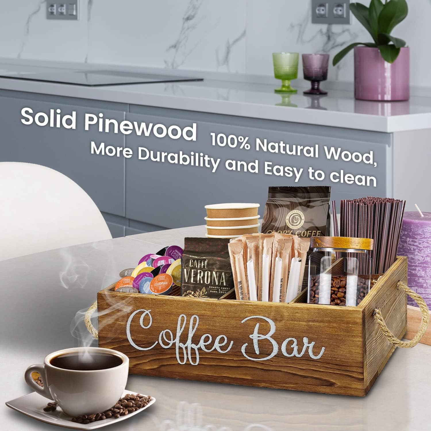 QUALLON Coffee Station Organizer with Small Removable Dividers, Wooden Coffee Bar Accessories Storage For Countertop, Farmhouse Kcup Coffee Pod Holder Basket With Handle For Coffee Lover
