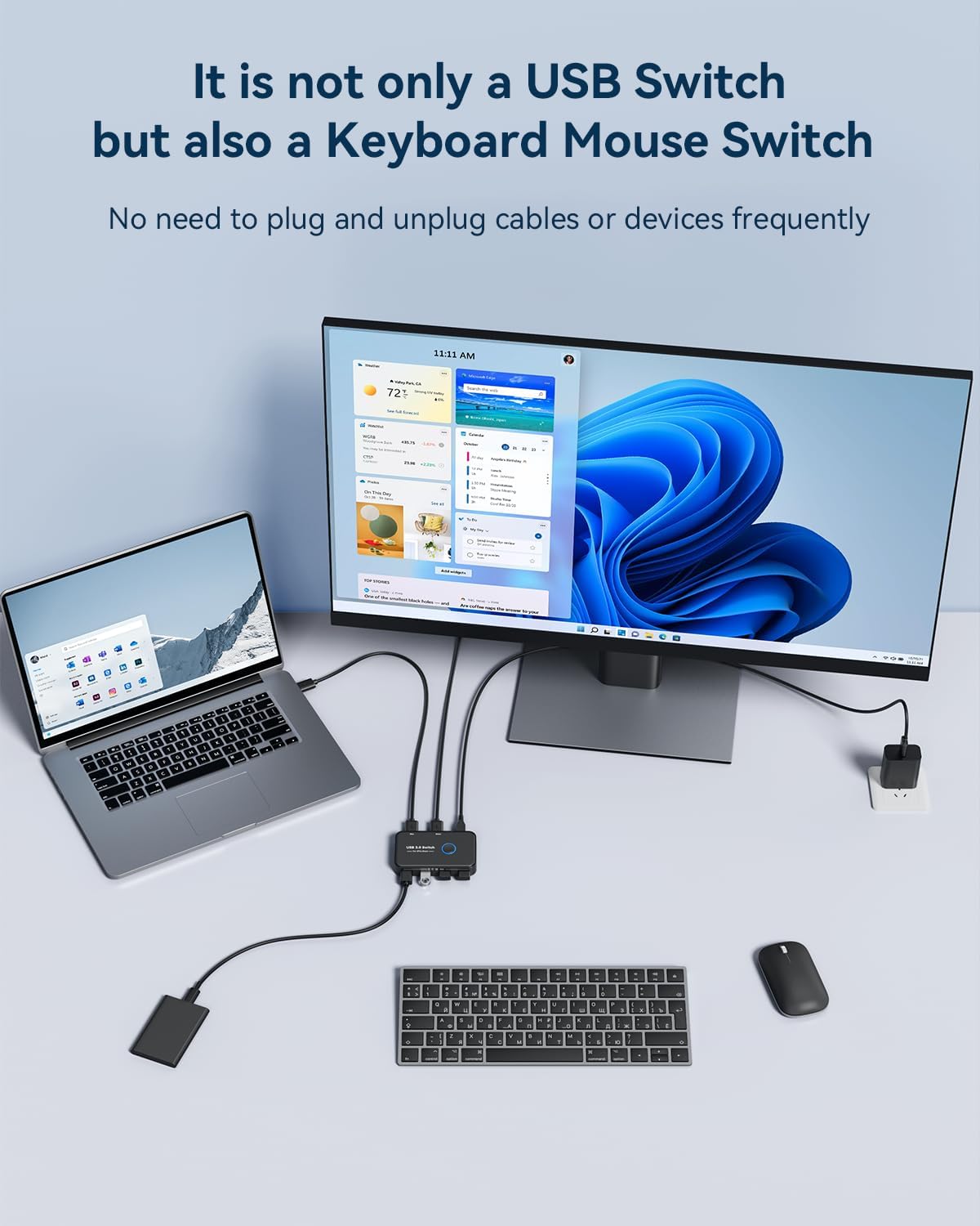 A laptop and a desktop computer are connected to the ABLEWE USB 3.0 KVM Switch, which in turn is connected to a keyboard, mouse, and an external hard drive. A power adapter is also connected to the switch.
