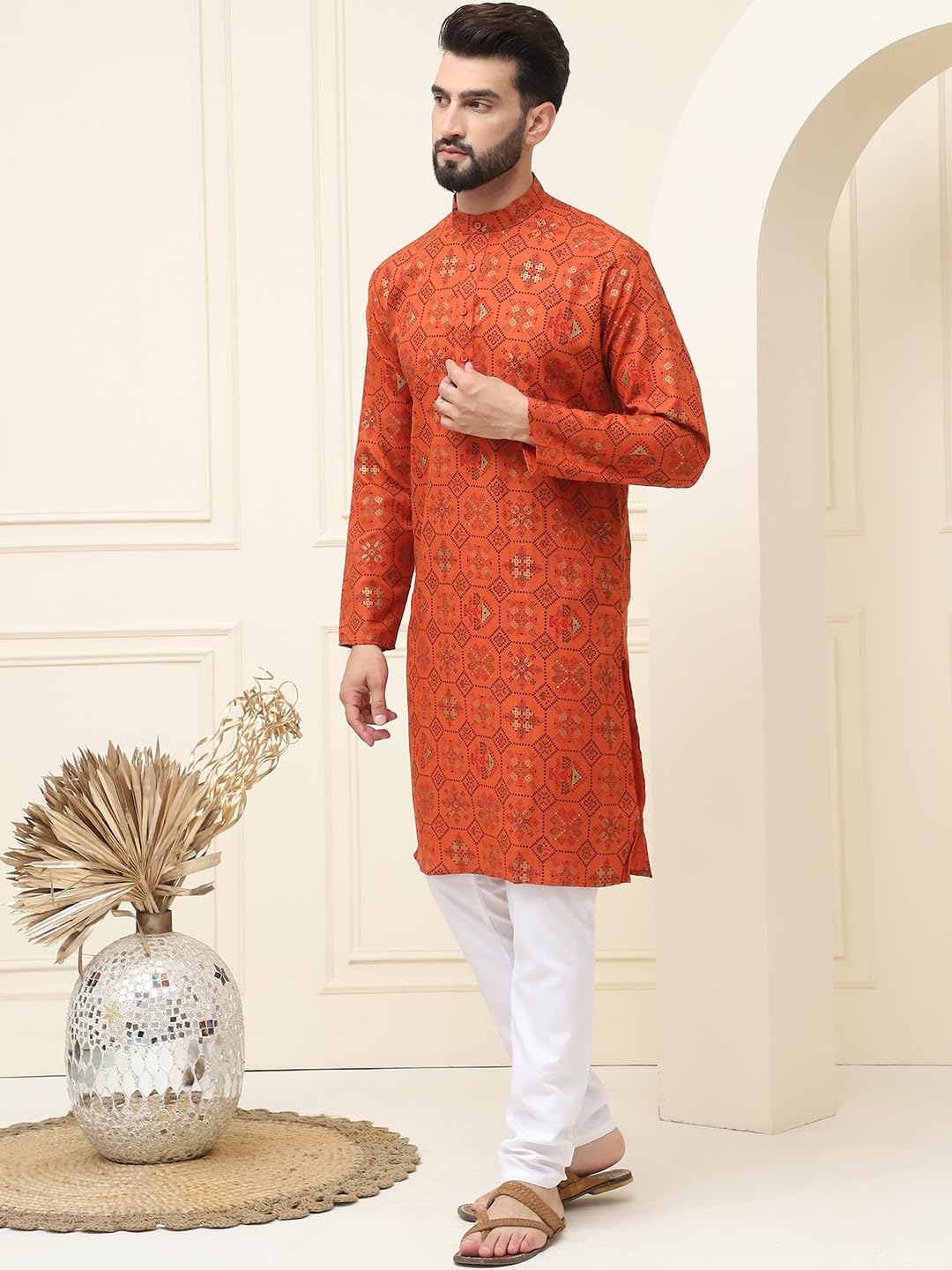 Sojanya (Since 1958 Men's Cotton Blend Orange Printed Kurta And White Churidar Pyjama Set
