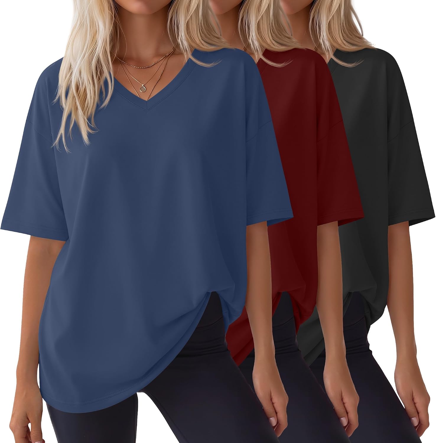 3 Pack Women's Oversized Shirts V Neck Half Sleeve Tops Workout Casual Basic Loose Sweatshirts Gym Clothes