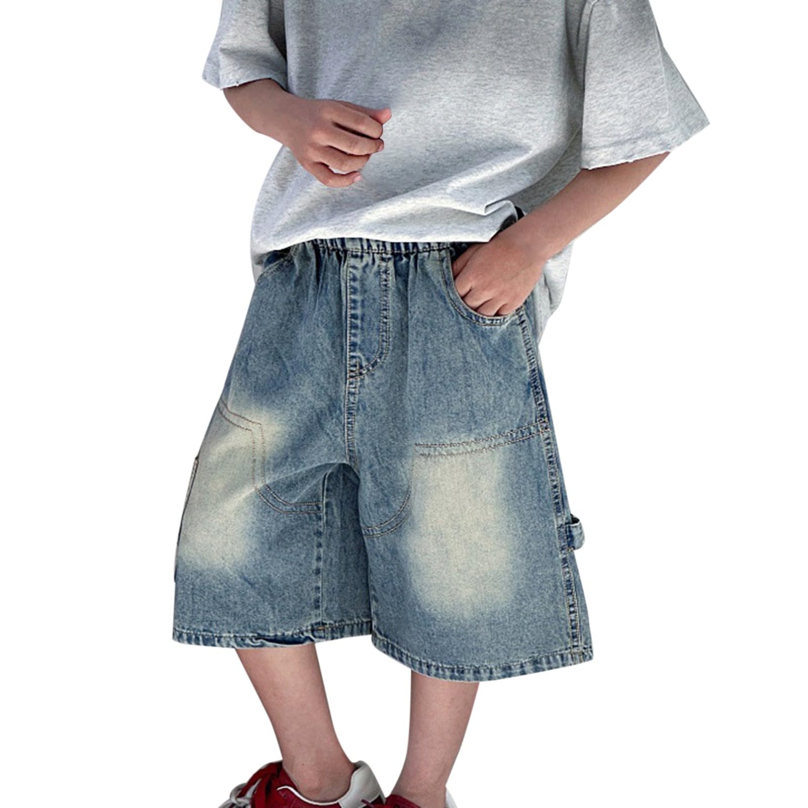 Pantalones cortos de mezclilla holgados para niños, informales, cintura elástica, estilo cargo, pierna ancha, pantalones cortos de mezclilla para verano, rectos, hasta la rodilla, para