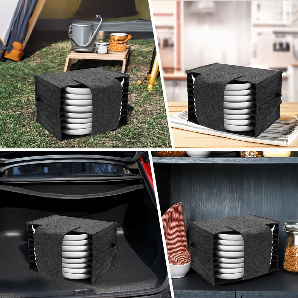 Lot de 2 porte-assiettes en verre pour caravane, camping-car, cuisine, camping, avec 8 compartiments pour assiettes et 6 porte-gobelets, sac de rangement de vaisselle en feutre avec poignées pour