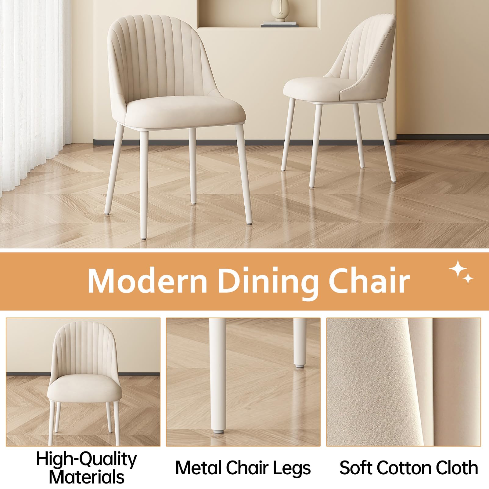 Elegante set di 6 sedie moderne color crema imbottite con seduta imbottita, schienale curvo e cuciture a canale, gambe in metallo resistenti per mobili da cucina e soggiorno