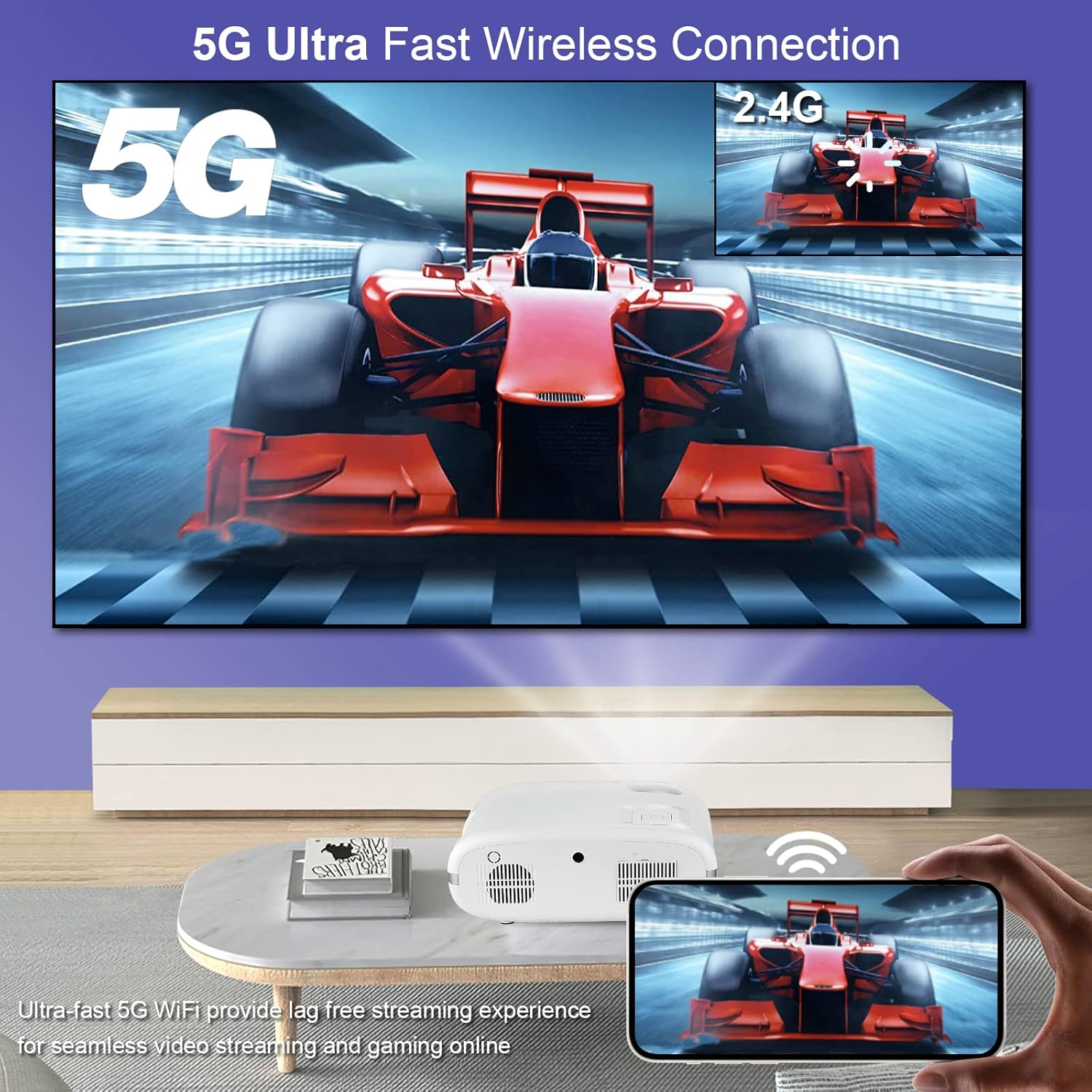 Remote control for the Higfra projector with various buttons for navigation, power, and settings.