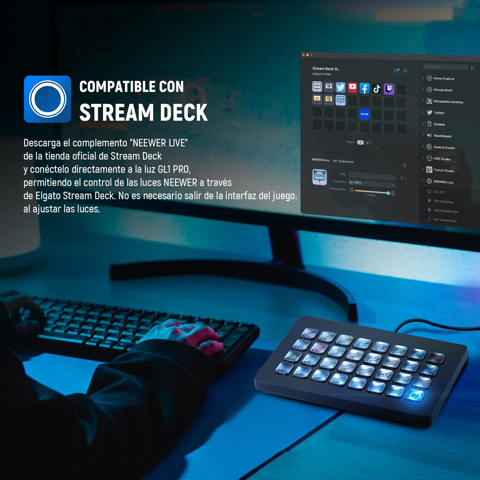 NEEWER GL1 Pro 15,5" Key Light Luz para Streaming, Luz Video con 2.4G PC y iOS Android App Control, 2800 Lúmenes, Sopporte de Escritorio, Compatible con Elgato Stream Deck para Gaming/Zoom, Negro