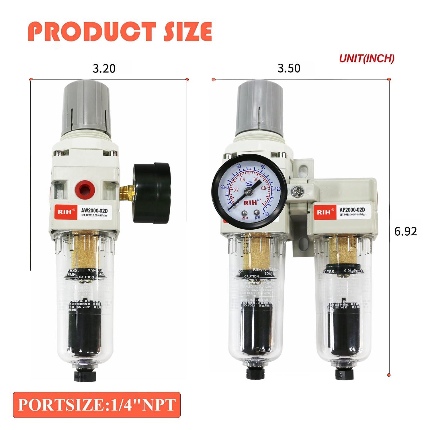 RIH Pneumatics AC2011-02D - Filtro y regulador doble de aire comprimido NPT de 1/4 pulgadas, sistema de secado de aire, separador de agua de compresor de aire, cuenco de polietileno, calibre de 0-150