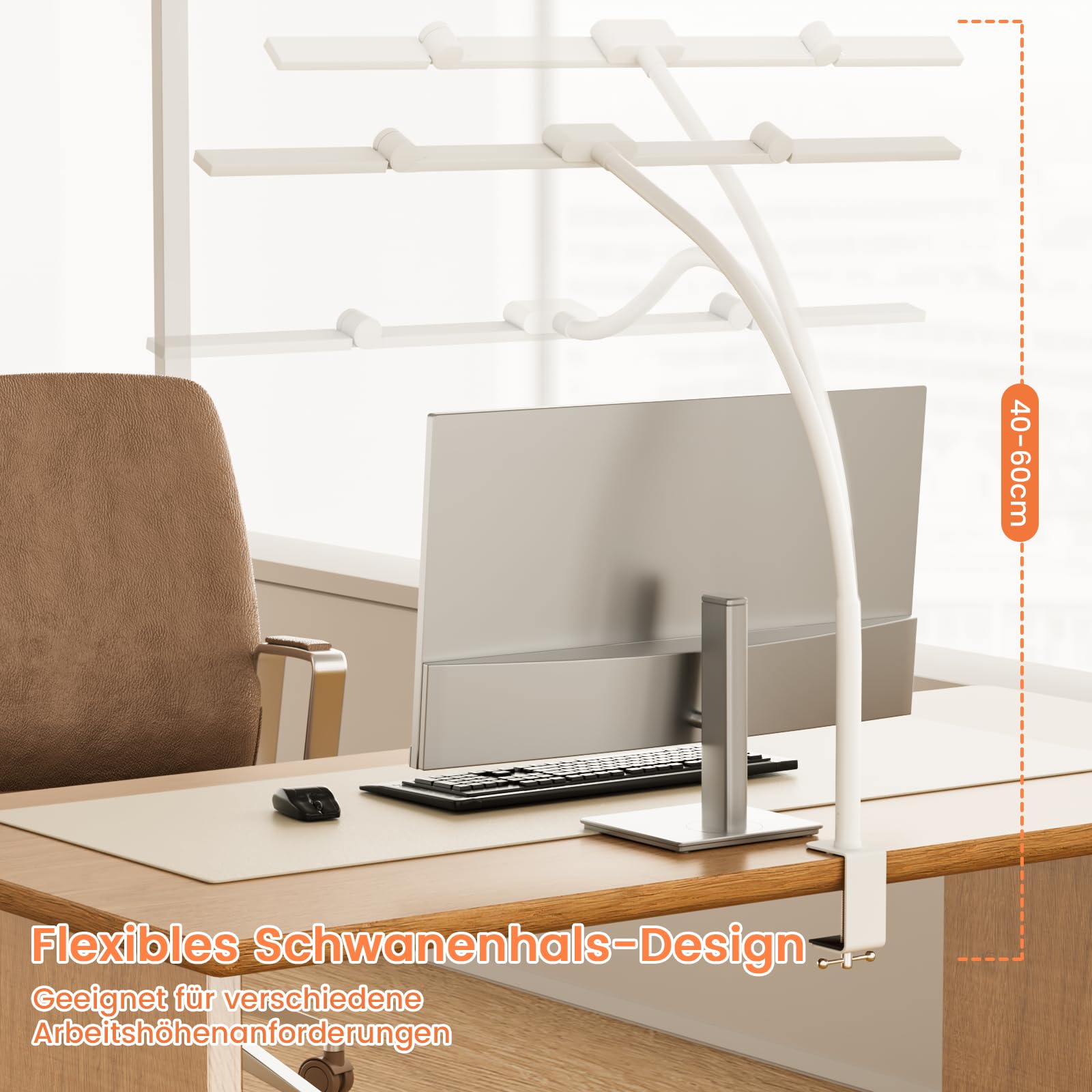 TYEE Schreibtischlampe LED Dimmbar, 24W 3-Lichtbalken LED Schreibtischlampe für Homeoffice, 1500LM Augenschutz Tageslichtlampe mit Fernbedienungen, 5 Farb 5 Helligkeit Büro Tischlampe (Weiß)