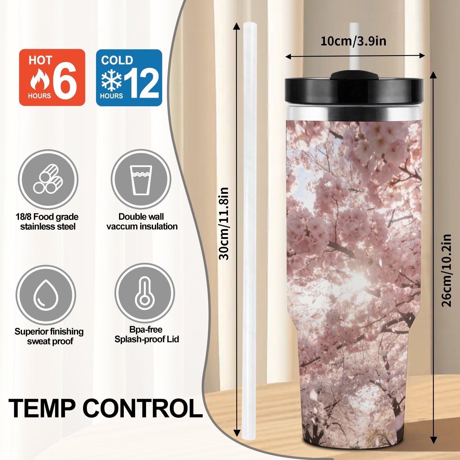 Cherry Blossoms - Vaso de café de viaje de acero inoxidable, taza de café con tapa y popote, taza con asa, gran capacidad, doble pared al vacío, taza térmica de café helado, 40 onzas
