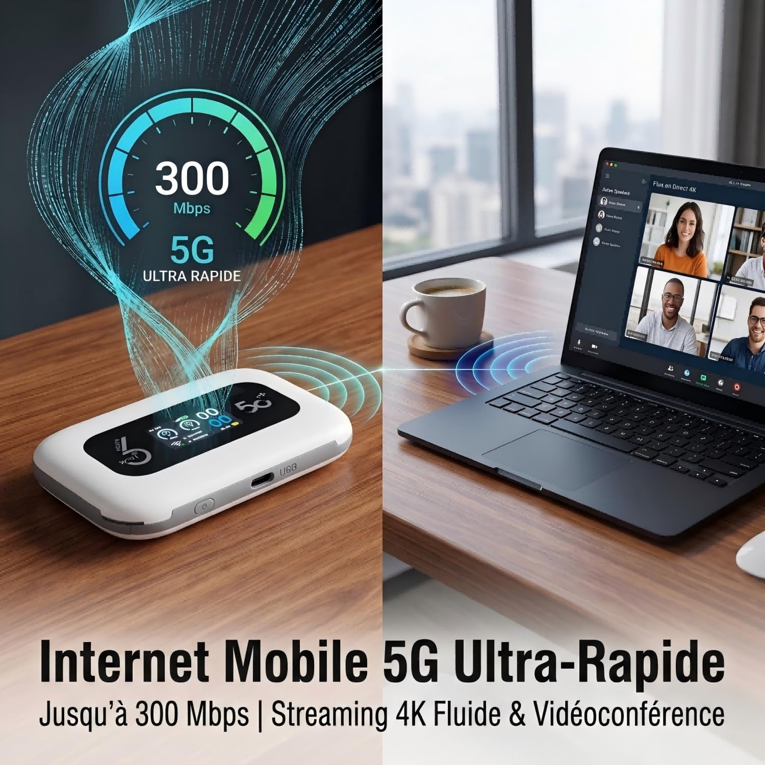 Routeur 5G Portable WiFi 6 avec Emplacement Nano SIM, Hotspot Mobile 5G/4G LTE Jusqu’à 300 Mbps, Batterie 3000 mAh, Autonomie 12 Heures, Connexion 10 Appareils, Écran LED, USB-C