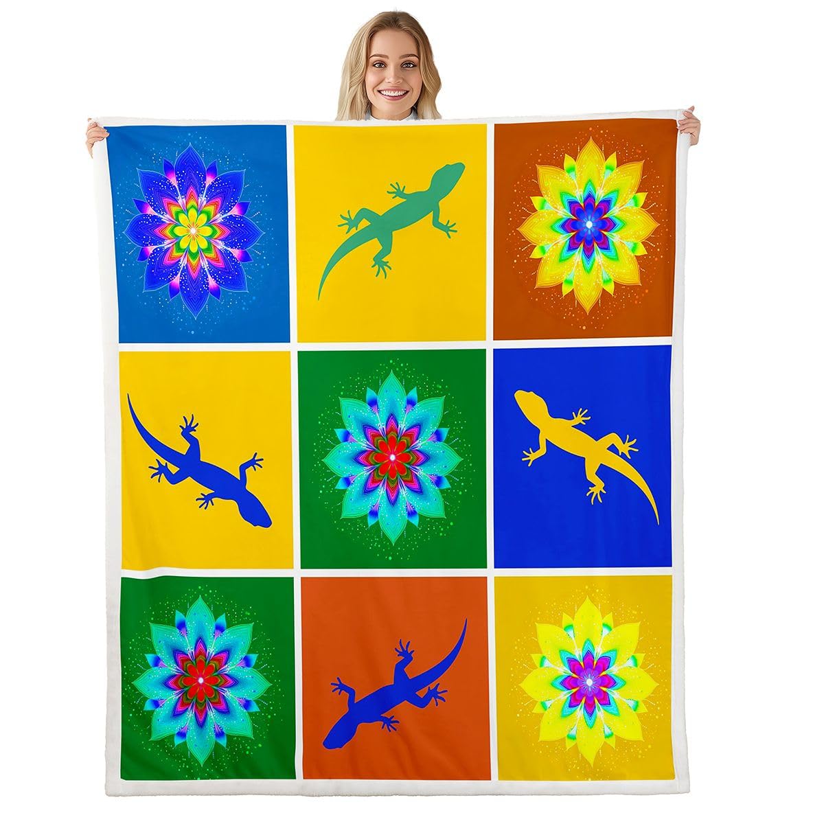 Homewish Gekonowy koc polarowy, egzotyczny, ciepły, pluszowy, sherpa, pop-art, mandala, jaszczurka, kolorowy, puszysty, pluszowy, patchworkowy, retro, boho, kwiat do salonu, sypialni, biura
