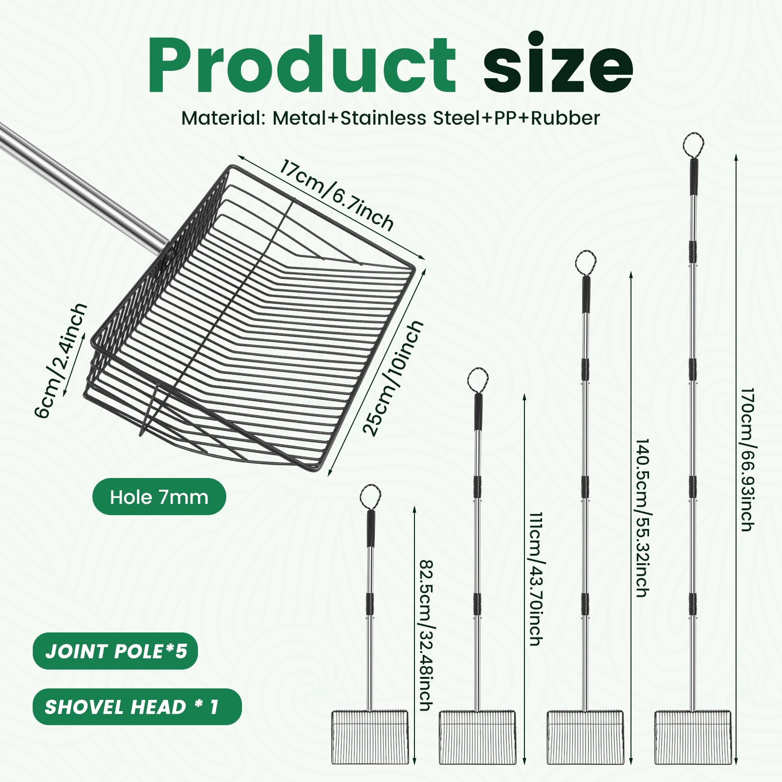 Metal Cat Litter Scoop with Adjustable Handle, Large Durable Poop Scoop, Efficient Chicken Poop Scooper for Cats Dogs Chicken, 5 Section Handle for Easy Sifting