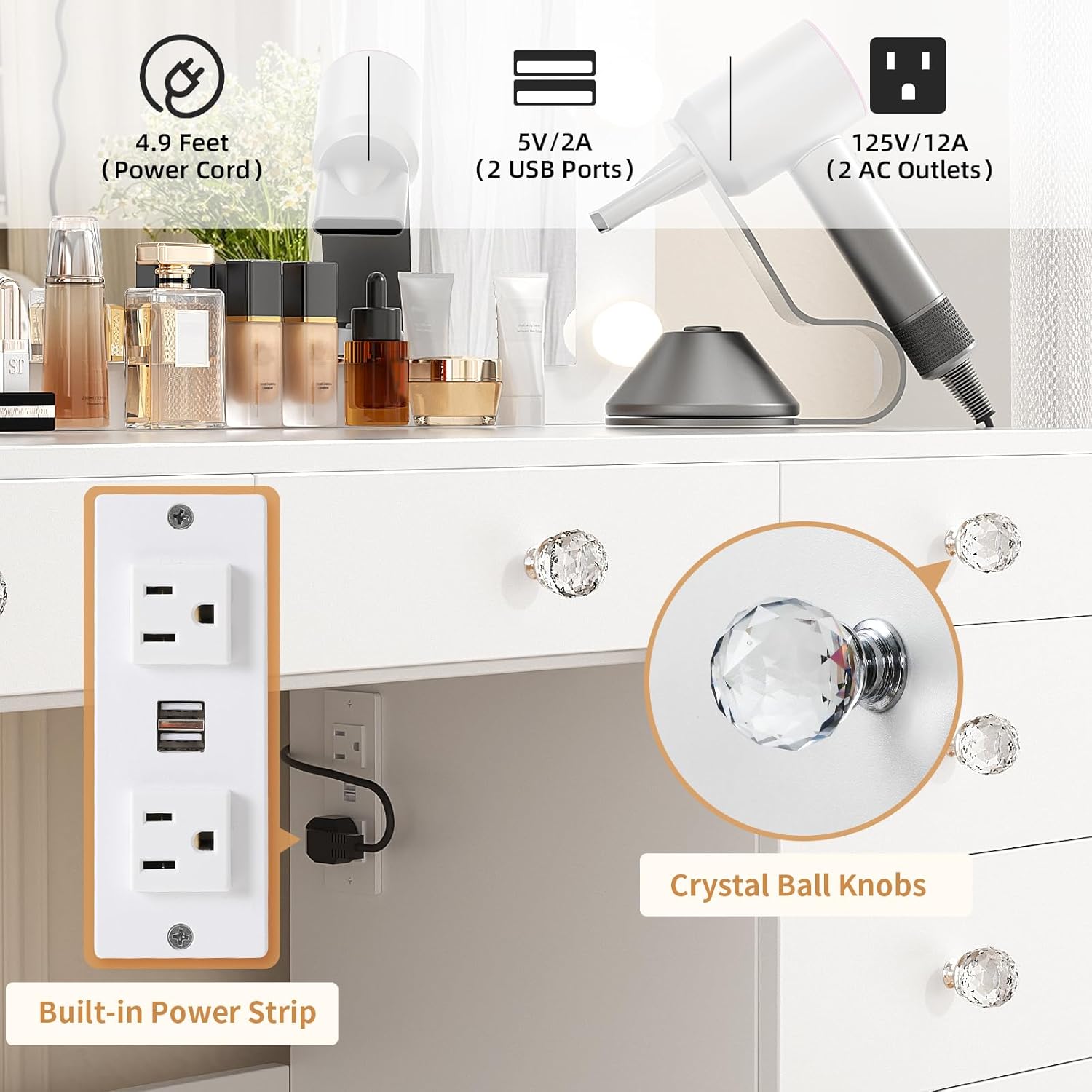 VOWNER 43" Lighted Vanity Desk with Power Outlet and Large Mirror, 3-Color Lights, Makeup Desk with 5 Drawers 1 Cabinet and Stool for Women & Girls, White