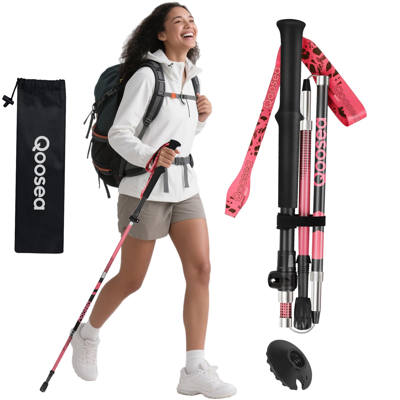 Qoosea Bastone da Trekking per Donna, Pieghevole e Regolabile 110-125 cm in Fibra di Carbonio - Bastoncino da Camminata Nordica Ultraleggero per Escursionismo, Alpinismo e Sci