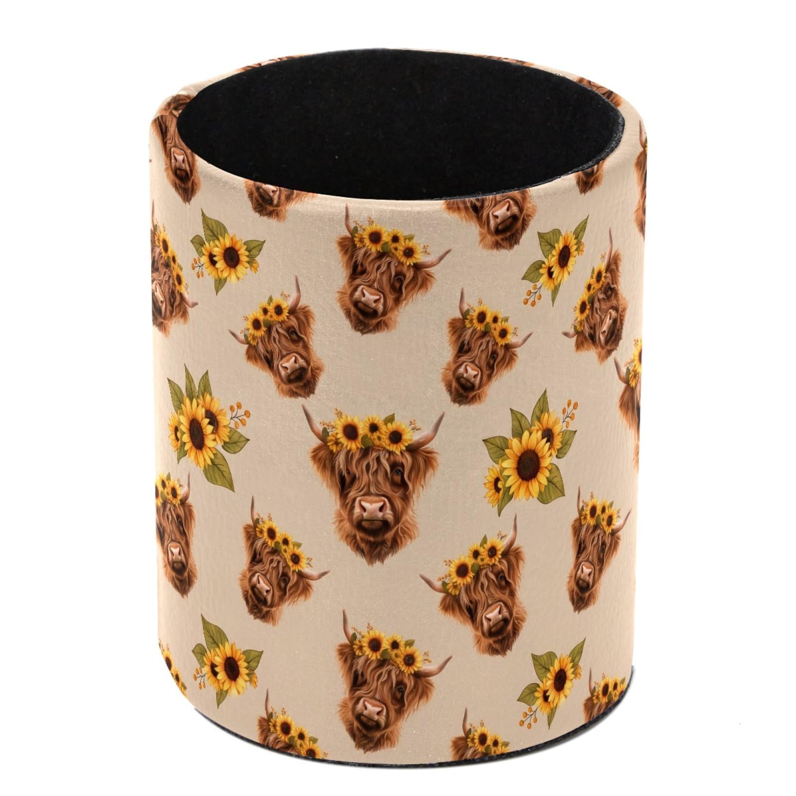 HEOEH Highland Cow with Sunflower Pen Holder for Desk, PU Leather Pencil Holder Pen Cup Marker Holder Makeup Brush Holders, Desk Accessories & Workspace Organizers for Home, Office