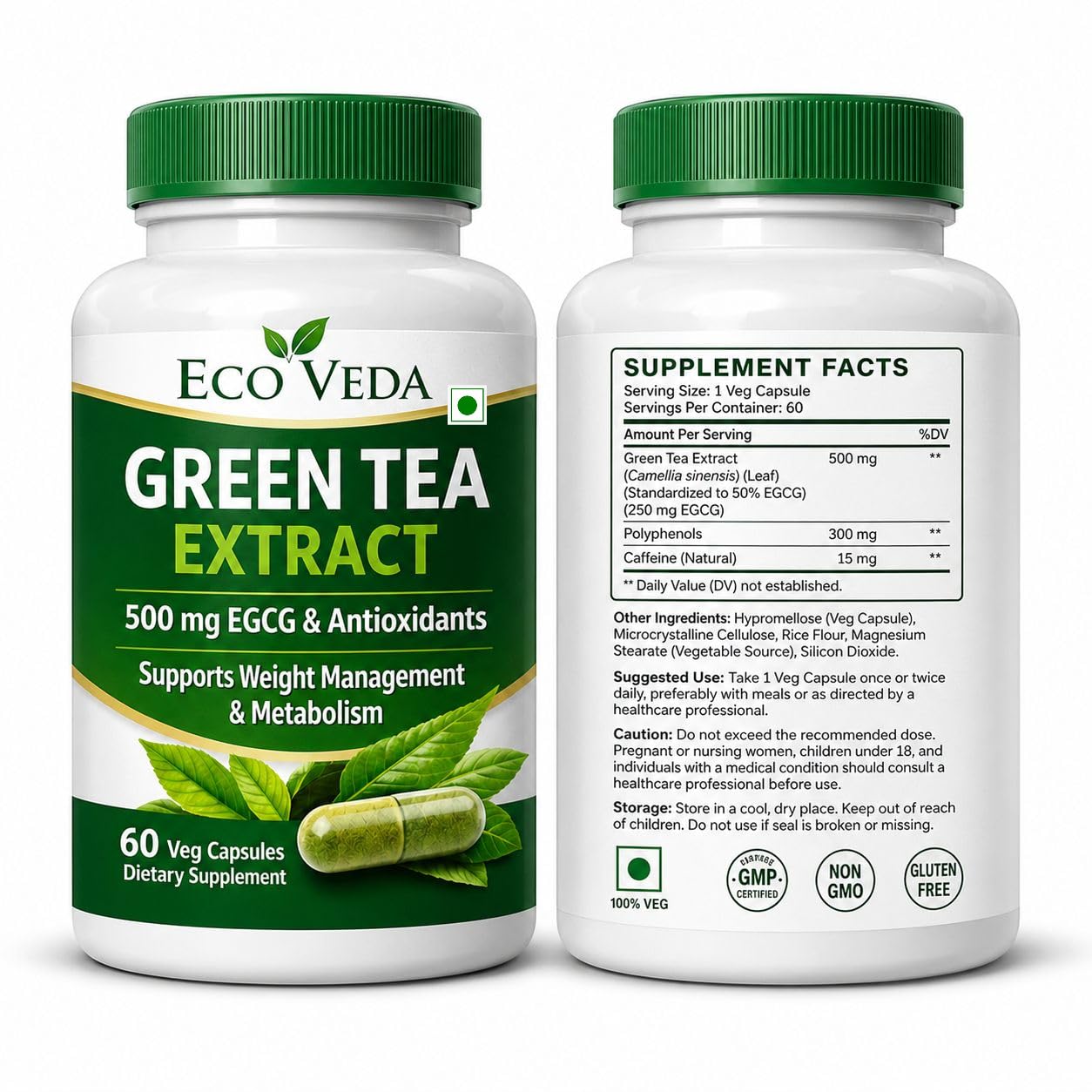Green Tea Extract Capsules | Standardised to > 50% Polyphenols | Antioxidant | Herbal Supplement for Men Women, 500 mg - 60 Vegetarian Capsules (Pack of 1)-picture-48