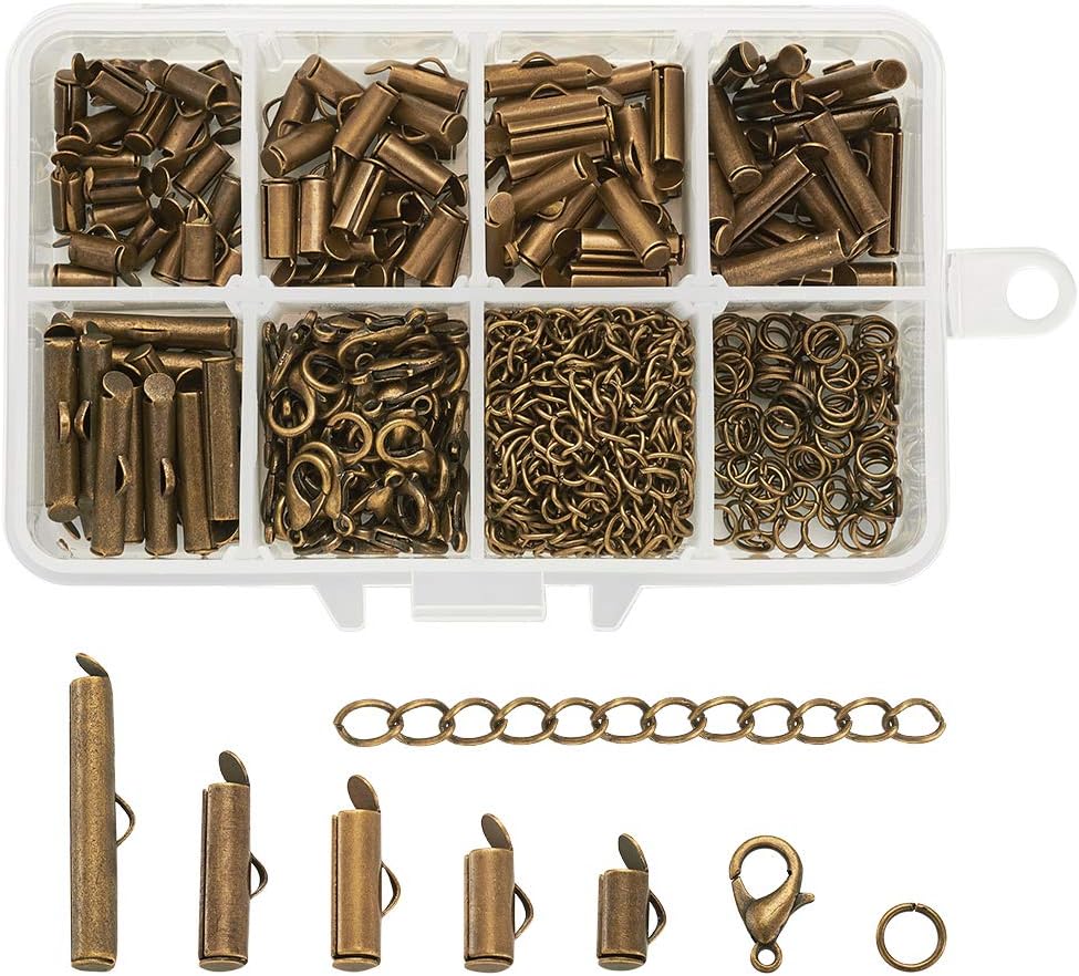 Beadthoven 1Box 5Sizes Antique Bronze Brass Slide On End Clasps with Alloy Lobster Claw Clasps & Iron Twist Extender Chains Jump Rings Cord Ends Finding for Jewelry Making 8mm/10mm/13mm/16mm/25mm