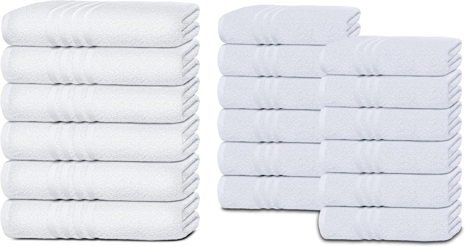Wealuxe 6 White Bath Towels 24 x 50 and 12 White Hand Towels 16 x 27 | Cotton, Highly Absorbent and Quick Dry for Hotels, Spa and Bathroom