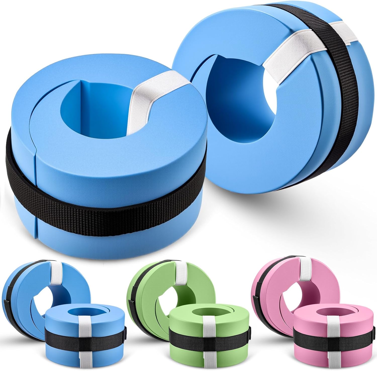 Wettarn 6 Pcs Foam Aquatic Cuffs for Adults Water Ankle Weights for Pool Exercise Swim Aquatic Ankle Cuffs EVA Arms Belt Adjustable Webbing for Swim Equipment, Quick Wear and Release, Blue Pink Green