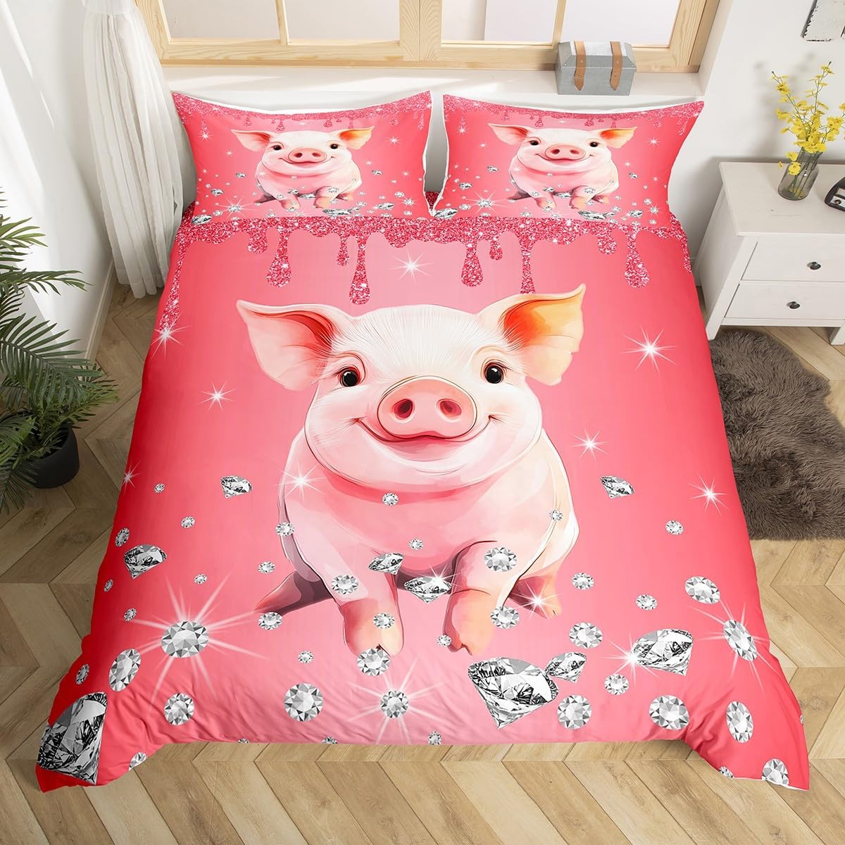 Castle Fairy Pig Duvet Cover Set Toddler Size,Diamond Pink Sequin Fluid Art Bedding Set,Farmhouse Rustic Animals Quilt Cover for Kids,Comforter Cover(No Filler),2 Pcs