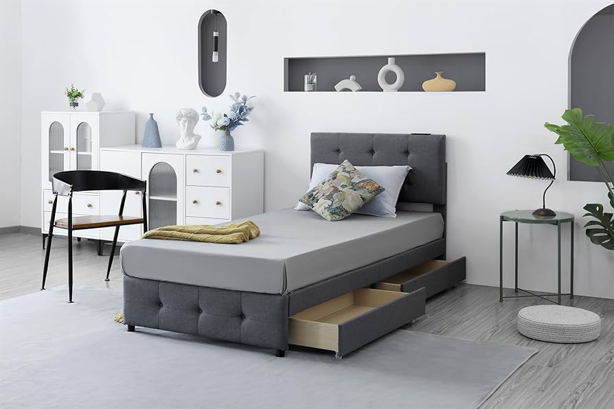 ファブリックベッド ベッドフレームのみ引き出し付き布貼りベッド 木製ライトグレー ファブリックベッド ベッドフレームのみ引き出し付き布貼り