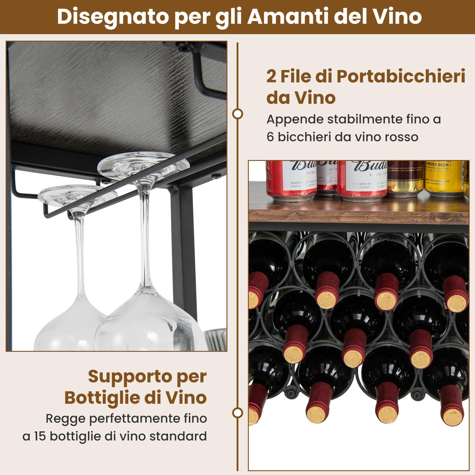 GYMAX Mobile Portabottiglie di Vino a 3 Livelli con Prese, Tavolo da Bar per Liquori con Porta Calici, Struttura in Metallo, Tavolo Console per Soggiorno, Cucina e Sala da Pranzo (GRIGIO SCURO)