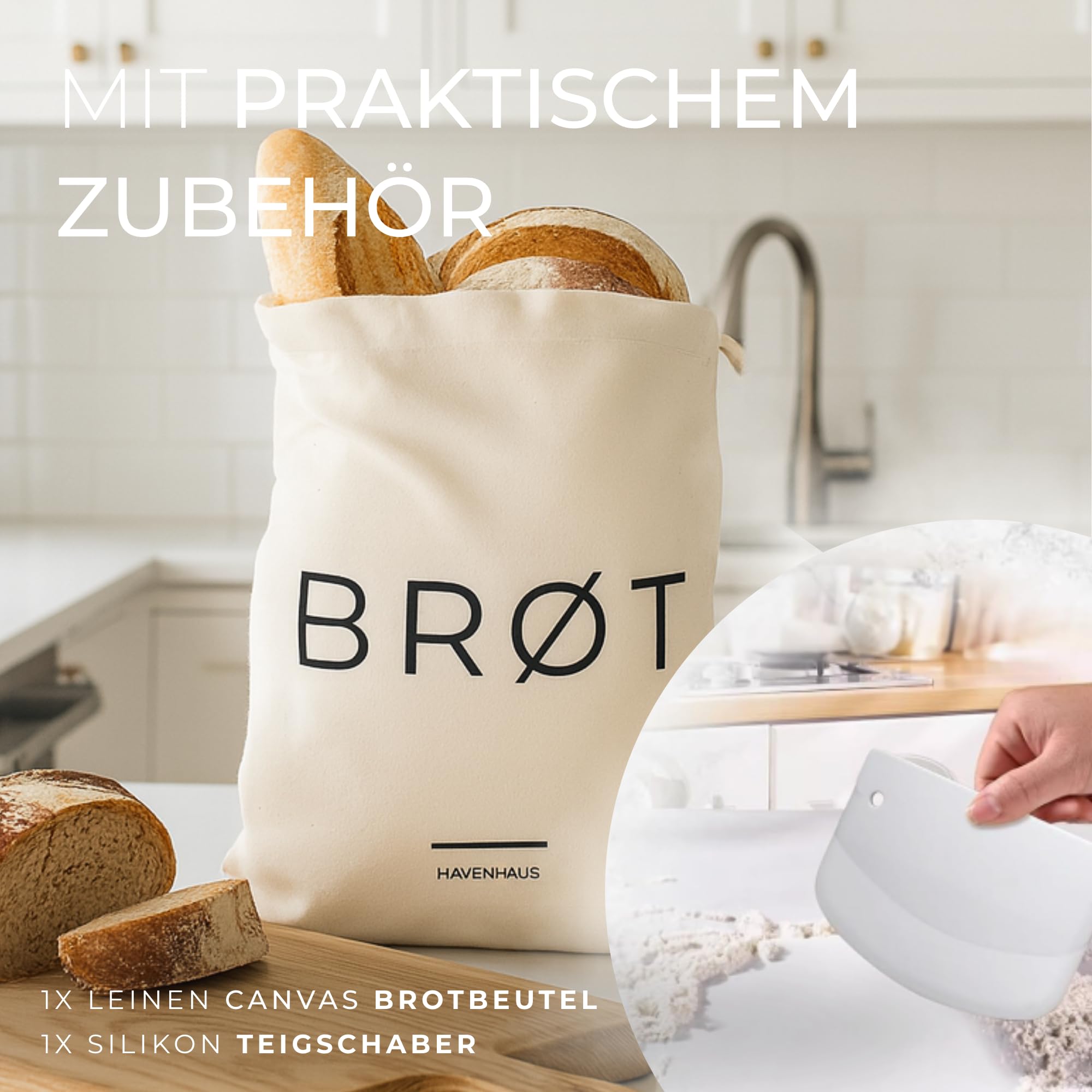 HAVENHAUS Brotbackset XXL | Sauerteig Starter Set mit umfassendem Brot backen Zubehör | inklusive 2x Rattan Gärkorb Brot rund & oval, Sauerteig Zubehör und Dänischer Schneebesen | Brotbackzubehör