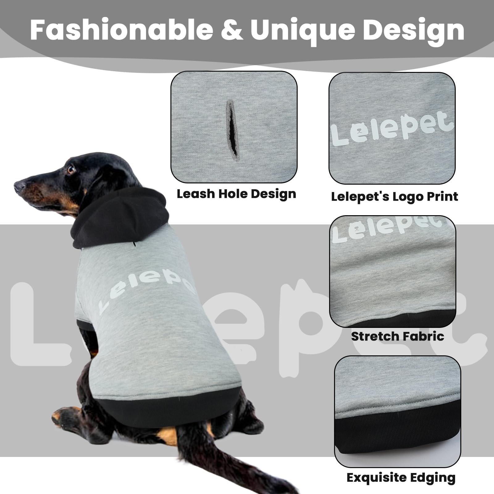 Lelepet Kapuzenpulli für Dackel, Hundepullover mit Lelepet Print, Dachshund Hundesweatshirt, Pullover Hoodie für Kleine Mittelgroße Große Haustier, Weich Hund Kapuzen Kleidung, Grau L